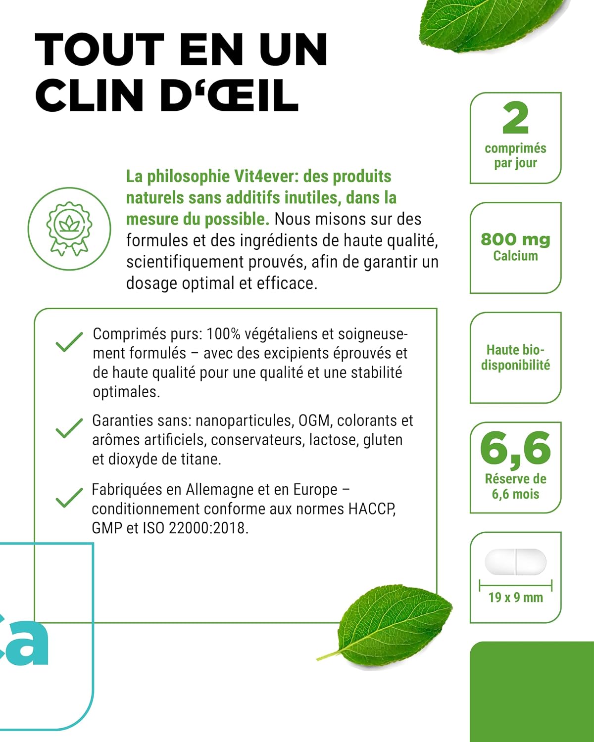 Detalle de vit4ever Calcium 800 mg (carbonate de calcium) – 400 comprimés, 6,6 mois de réserve