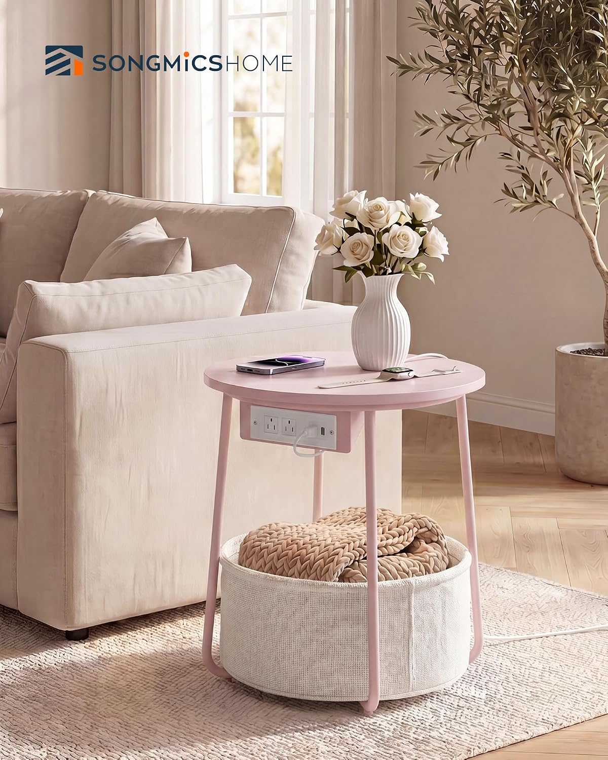 Detalle de SONGMIC HOME Round Side Table, Pink and White