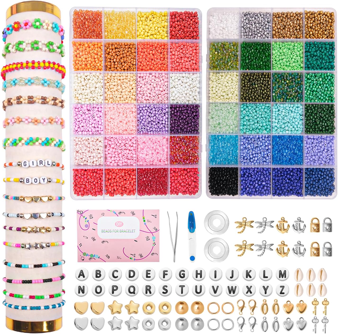 Detalle de JHWELRG Selber Machen Perlen Set für Armbänder – 16.000 Glasperlen (3 mm), 48 Farben inkl. Buchstaben