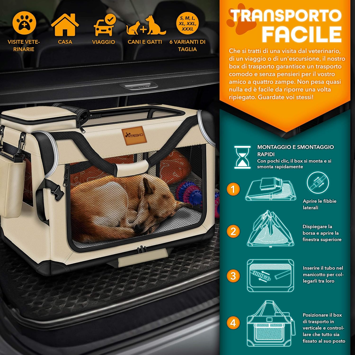 Detalle de TRESKO Box per cani pieghevole con tappetino per mangiare e spatola, trasportino robusto beige (M)