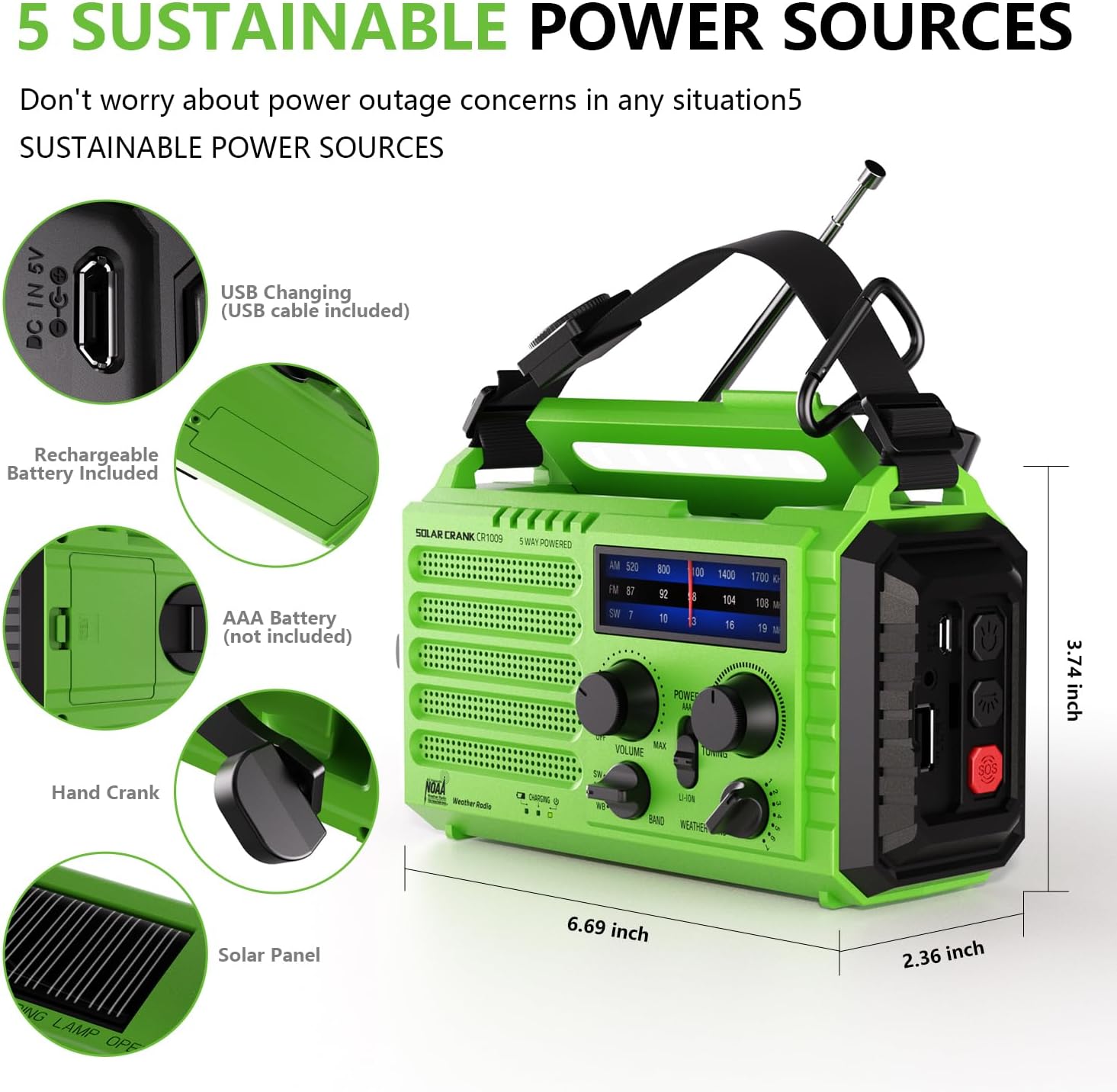 Detalle de PPLEE CR1009 Emergency Weather Radio with NOAA, 5-Way Power and LED Lights