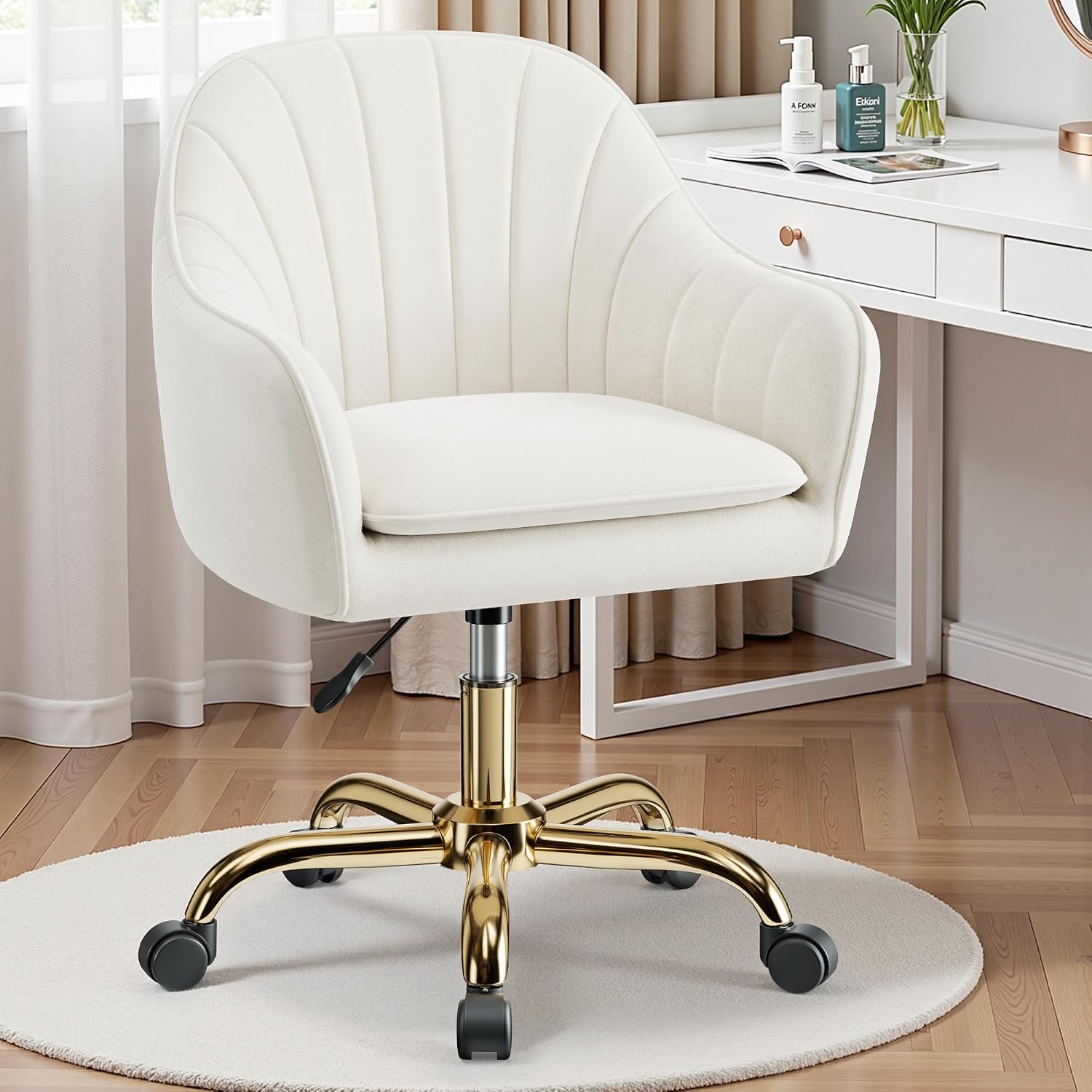 Detalle 2 de BestEra P10 Velvet Vanity Chair with Wheels, Adjustable Height, Beige