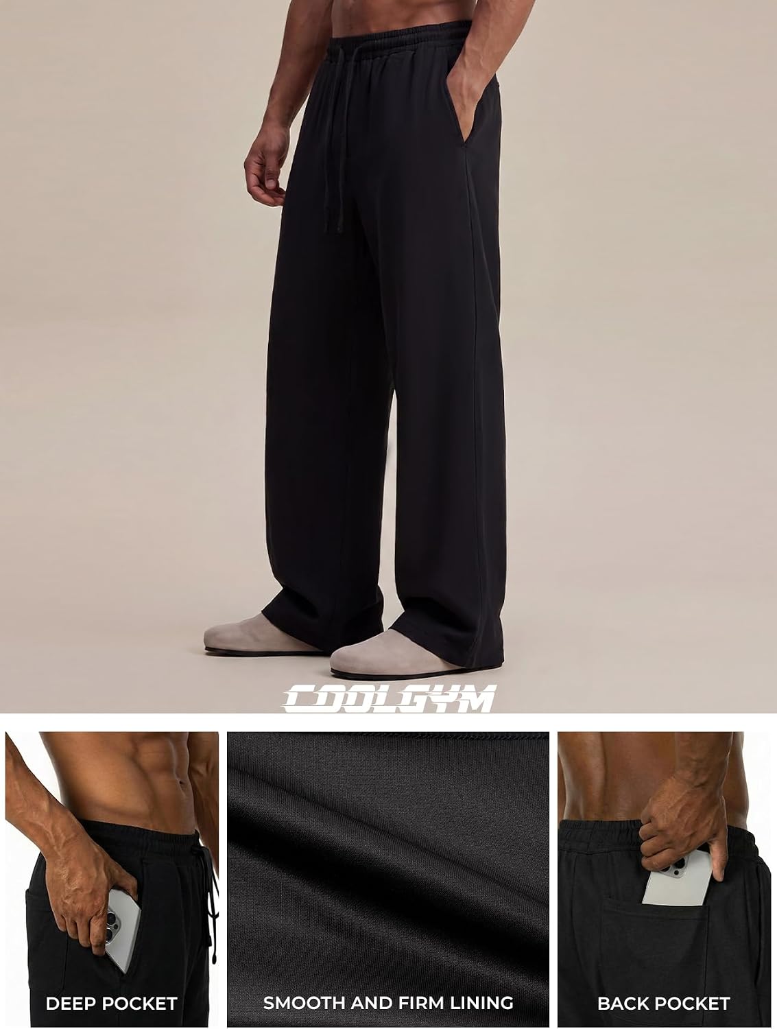 Detalle de COOLGYM Men's Baggy Sweatpants, Wide-Leg Cotton Joggers with 3 Pockets
