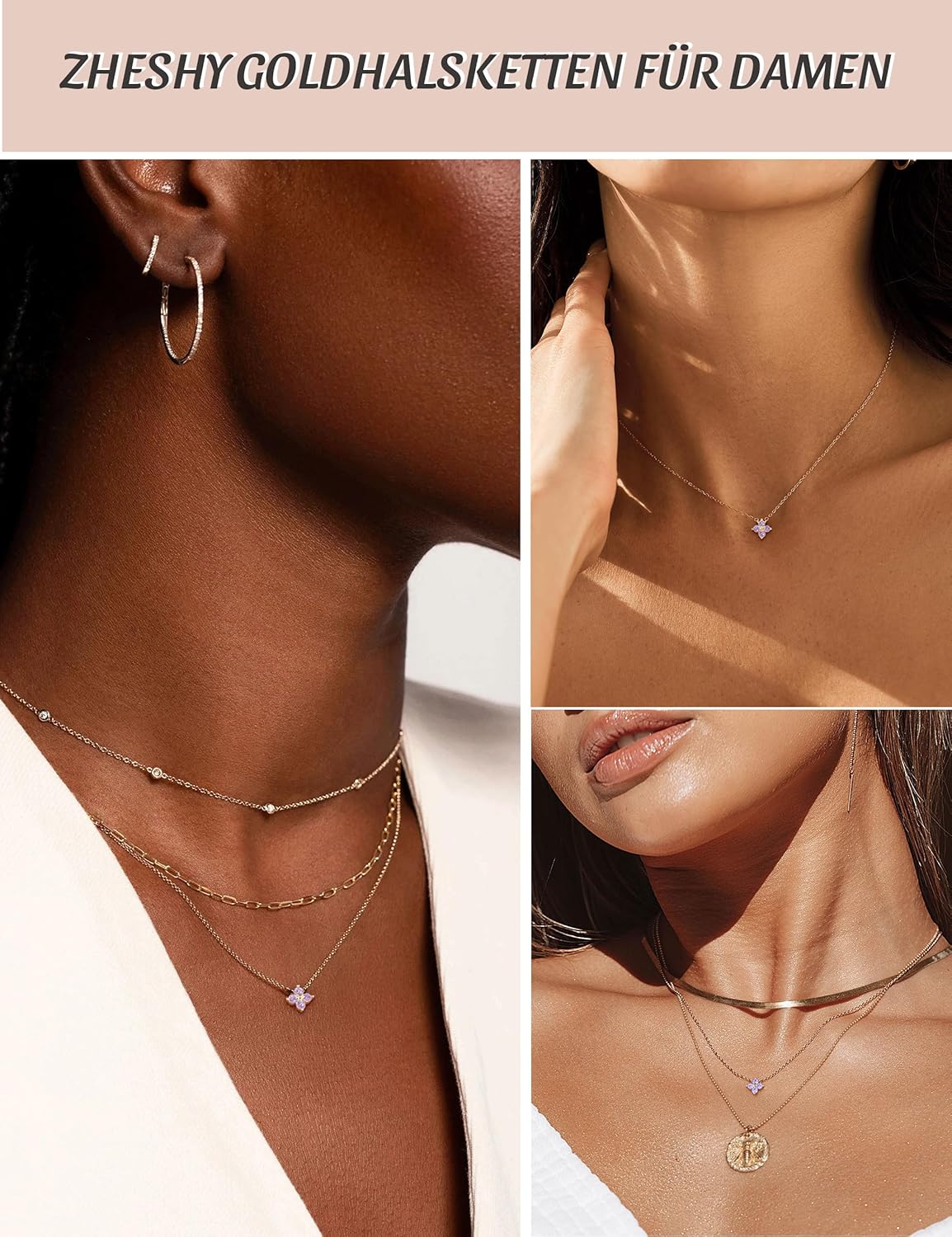 Thumbnail 6 de ZHESHY Collier Femme Or Plaqué 14K avec Trefle à 4 Feuilles et Zircone Cubique