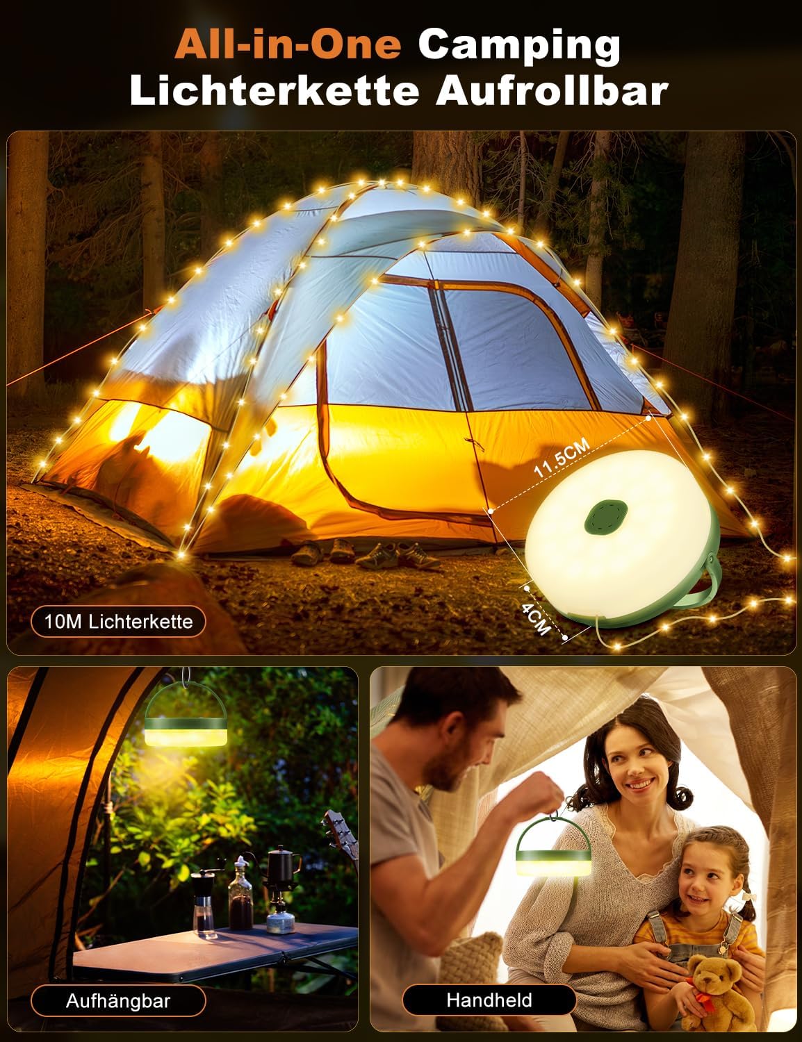 Detalle de Camping Lichterkette Aufrollbar Solar 10 m – Wiederaufladbar, IP65 wasserdicht, 8 Beleuchtungsmodi