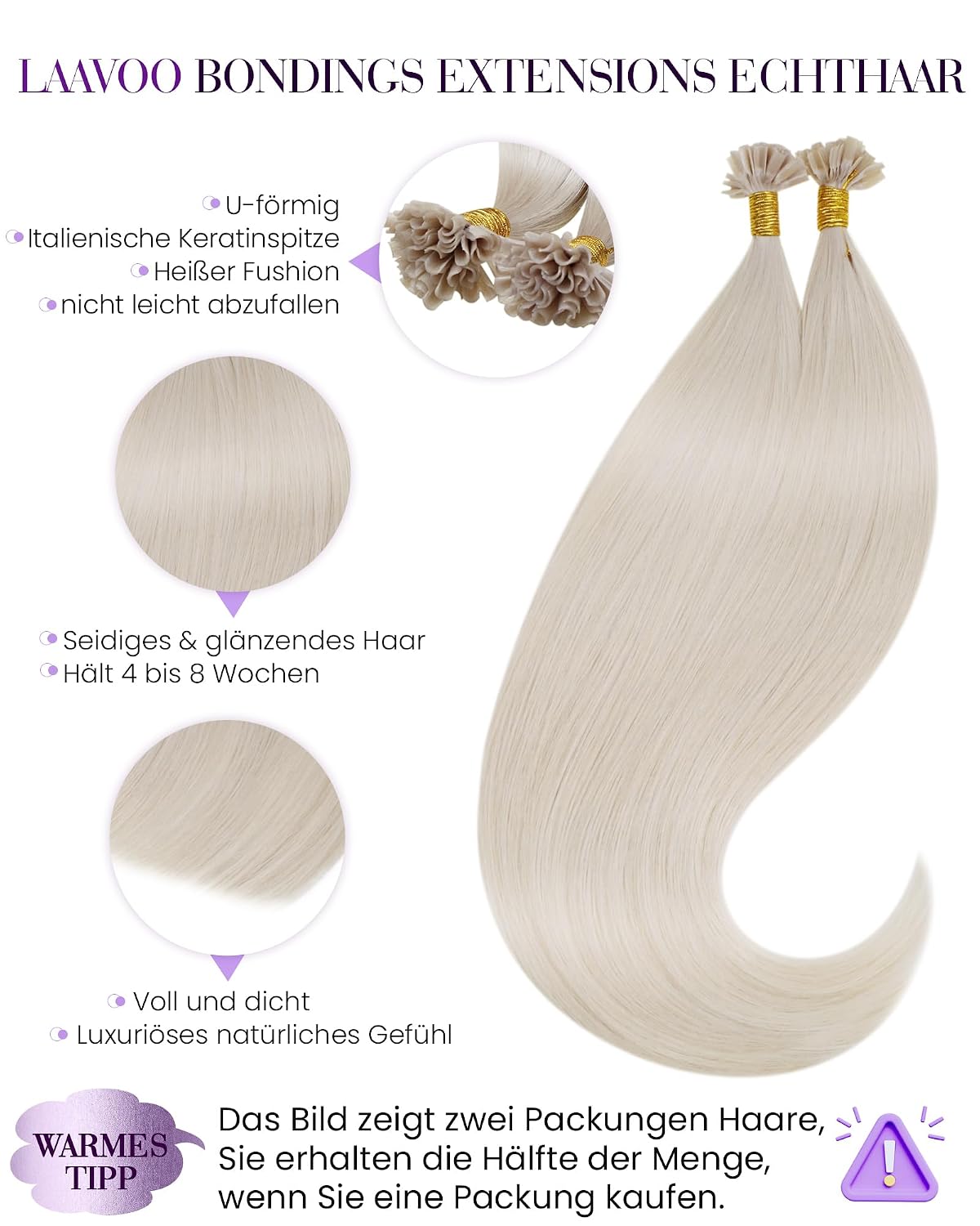 Thumbnail 1 de LaaVoo Bonding Extensions aus Echthaar (Platinblond), U-Tip Keratin Bondings, 1 g/s, 40 cm, 50 g (#60)