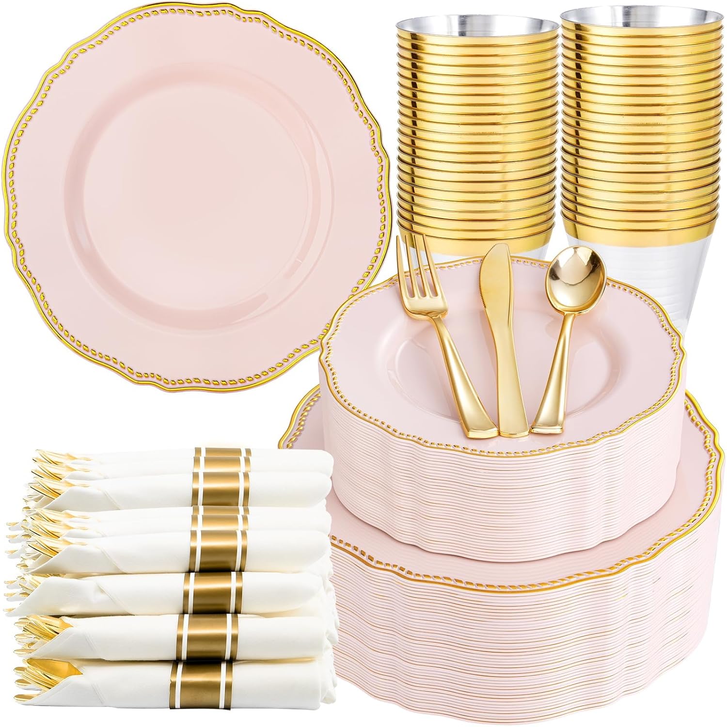 Detalle de Hioasis 350pcs Pink and Gold Plastic Plates Set – Elegant Disposable Dinnerware for 50 Guests