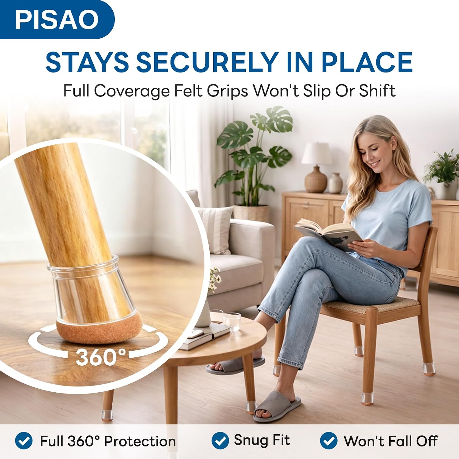 Detalle de PISAO 001 Chair Leg Protectors, 24-Pack Clear Silicone Caps with Felt