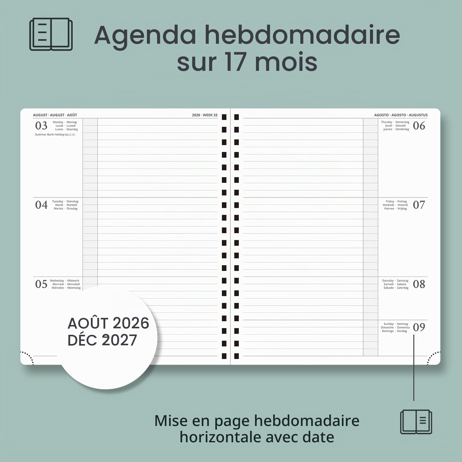 Thumbnail 2 de POPRUN 27-AW6TLK7-FGN weekagenda 2026-2027, 17 maanden, horizontale indeling