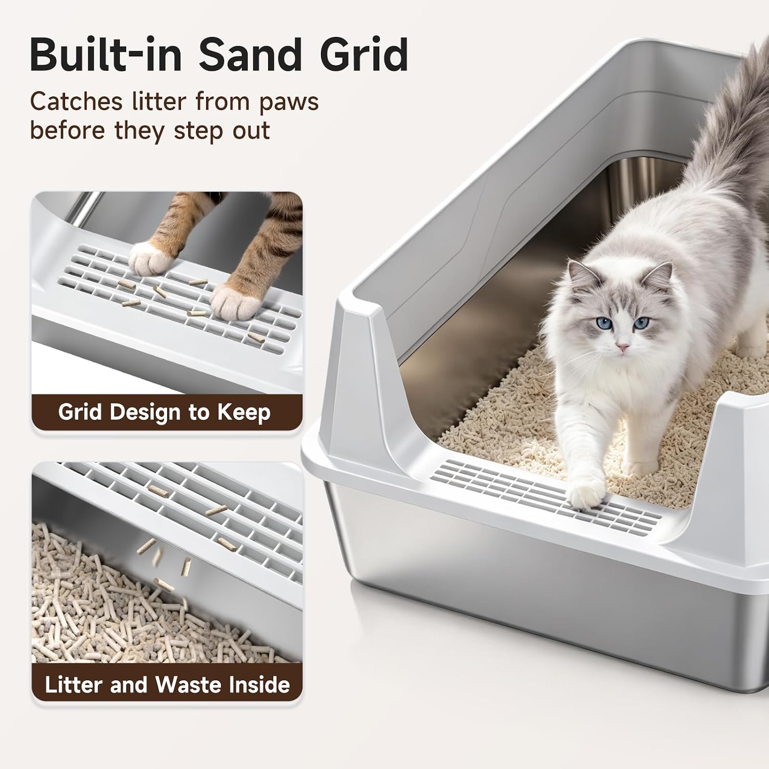 Detalle 1 de OneBug MSP-XC-W607-Grey XXL Stainless Steel Cat Litter Box with High Guard