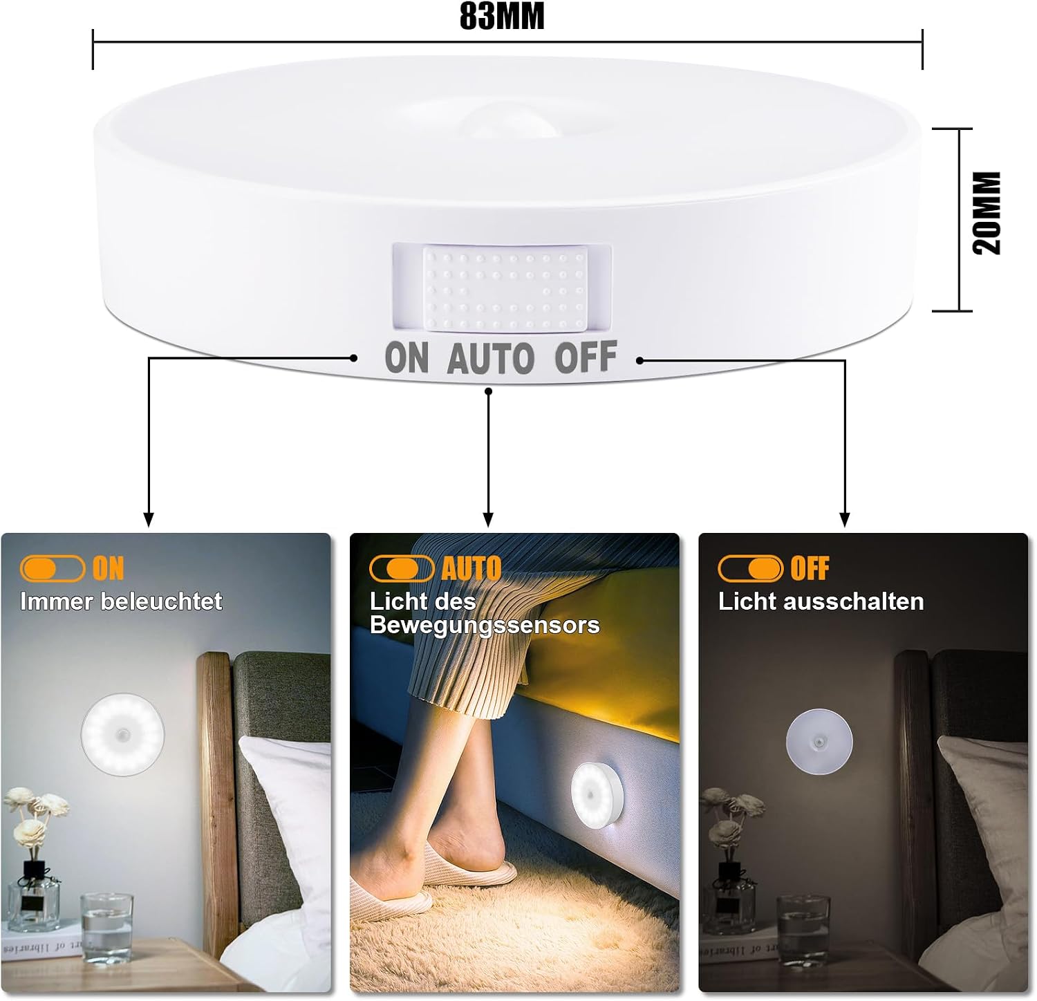 Detalle de Electight DEHML15 nattlampa med rörelsesensor, 14 lysdioder och 6000 K kallvitt ljus, 6-pack