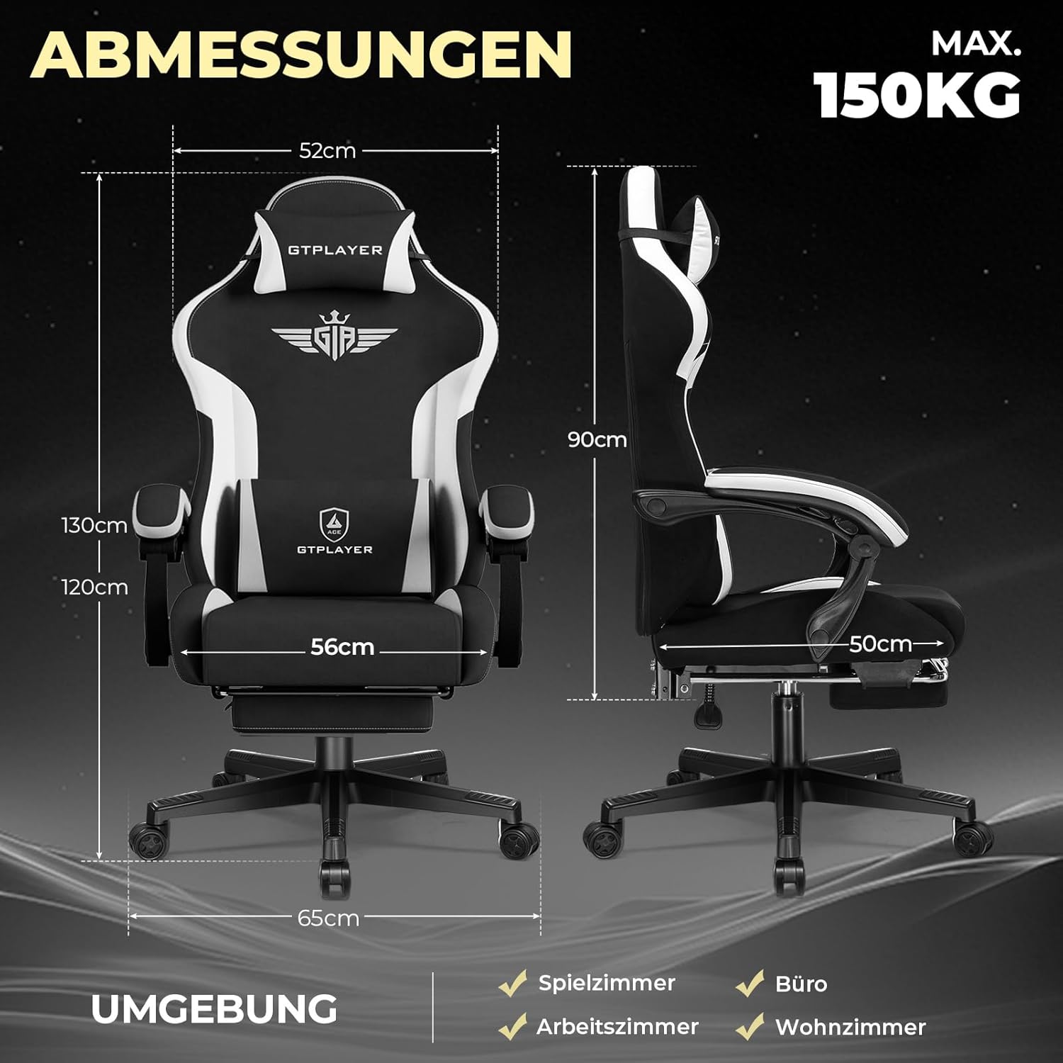 Detalle de GTPLAYER Gaming Stuhl – Ergonomischer Stoff-Gamingstuhl mit Lendenwirbelstütze und ausziehbarer Fußstütze