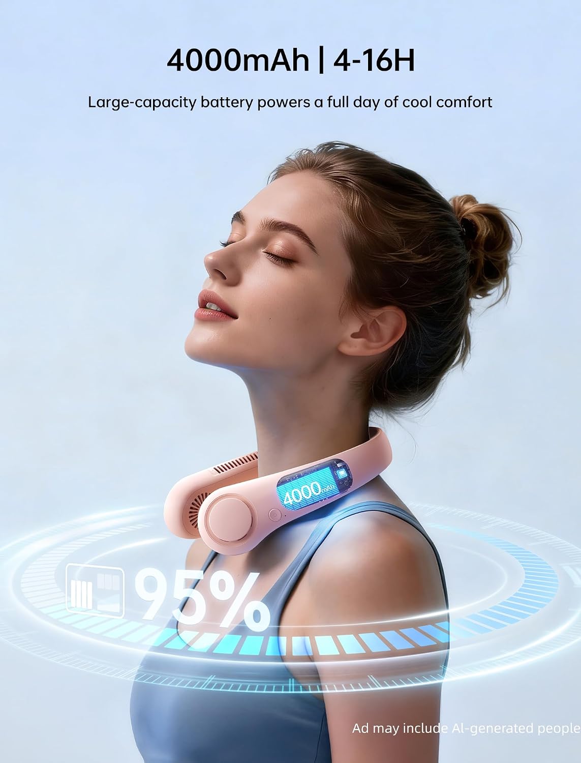 Detalle de JISULIFE Portable Neck Fan (Pink) — Hands-Free, Bladeless Personal Fan with 5 Speeds and 4000 mAh Battery