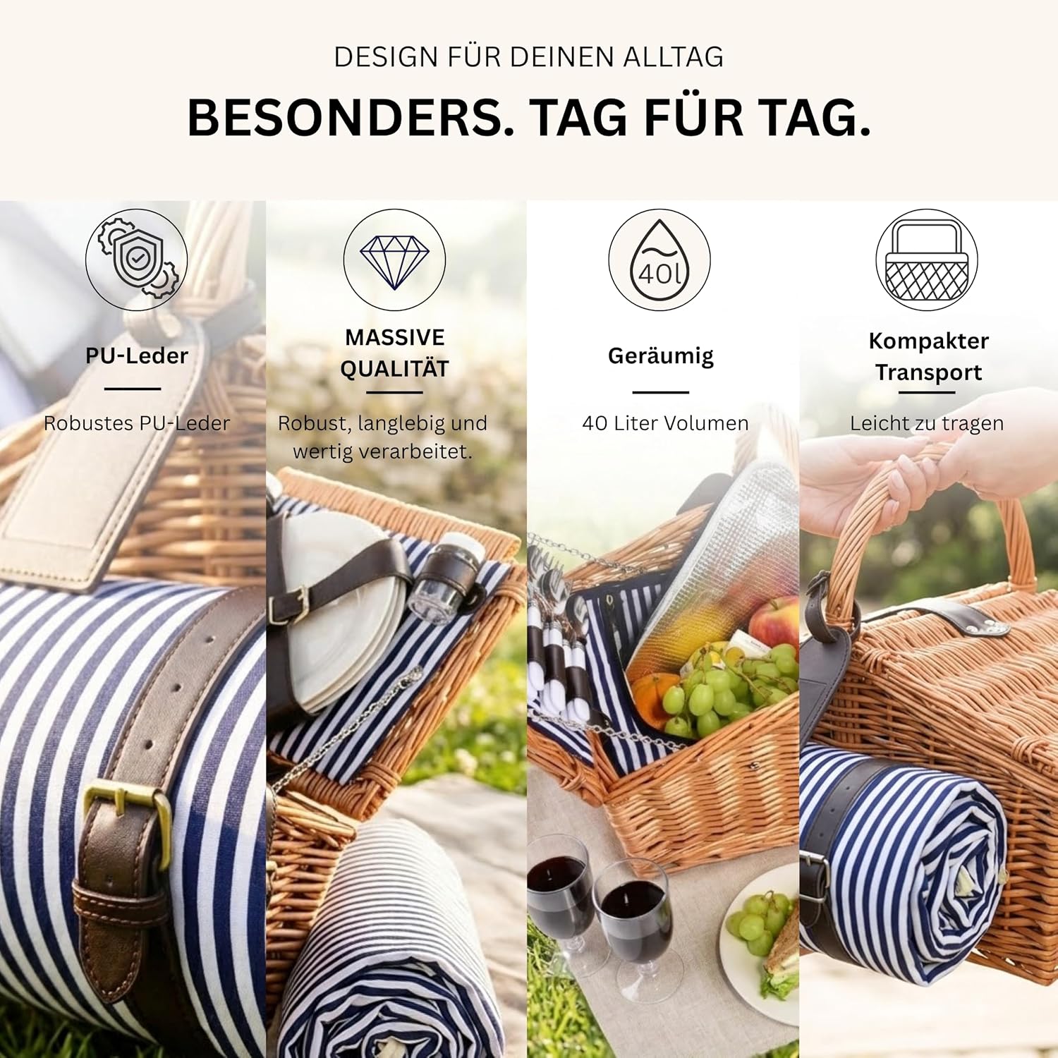 Detalle de Sänger Picknickkorb Sylt – 24-teiliges Komplettset für 4 Personen inklusive Decke