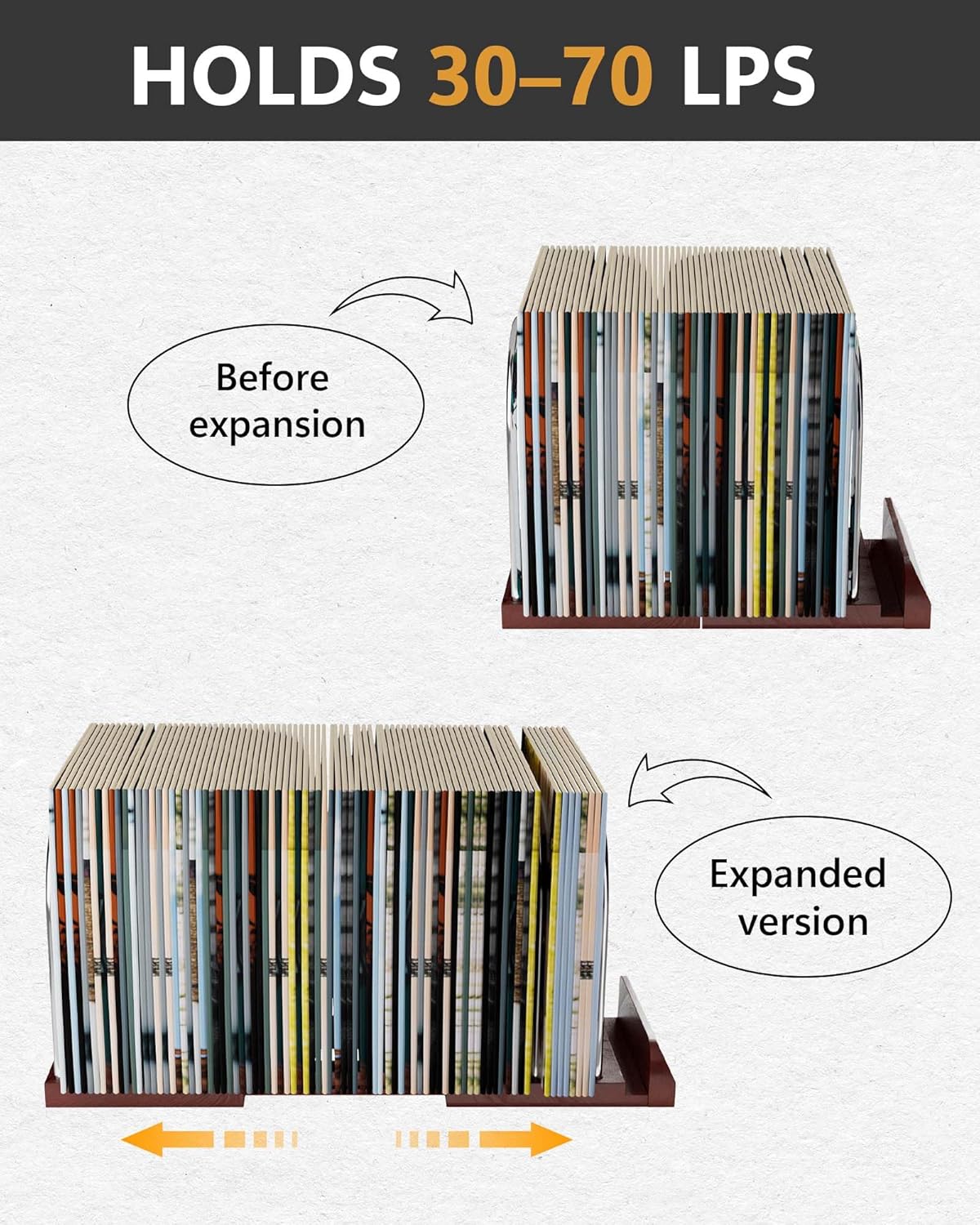 Thumbnail 1 de BS-VOG Schallplatten-Aufbewahrung: erweiterbarer LP-Ständer für 30–70 Platten mit „Now Playing“-Schild