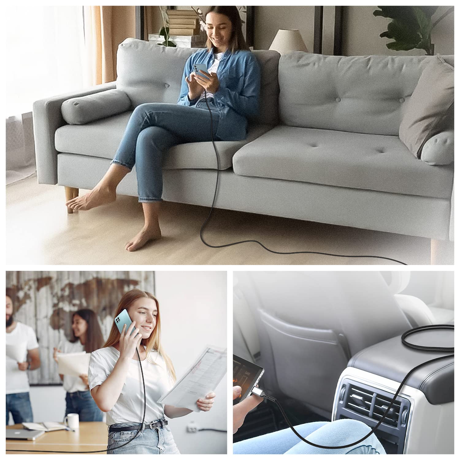 Detalle de USB C auf USB C Kabel 1 m – Nylon Geflochtenes Ladekabel im 3er-Pack, 60 W, 3 A, 480 Mbit/s
