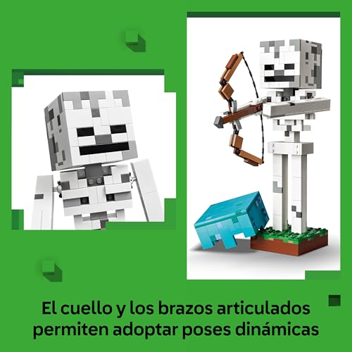 Detalle de LEGO Minecraft El Esqueleto de Juguete 21594: figura articulada con casco de diamante y base de hierba