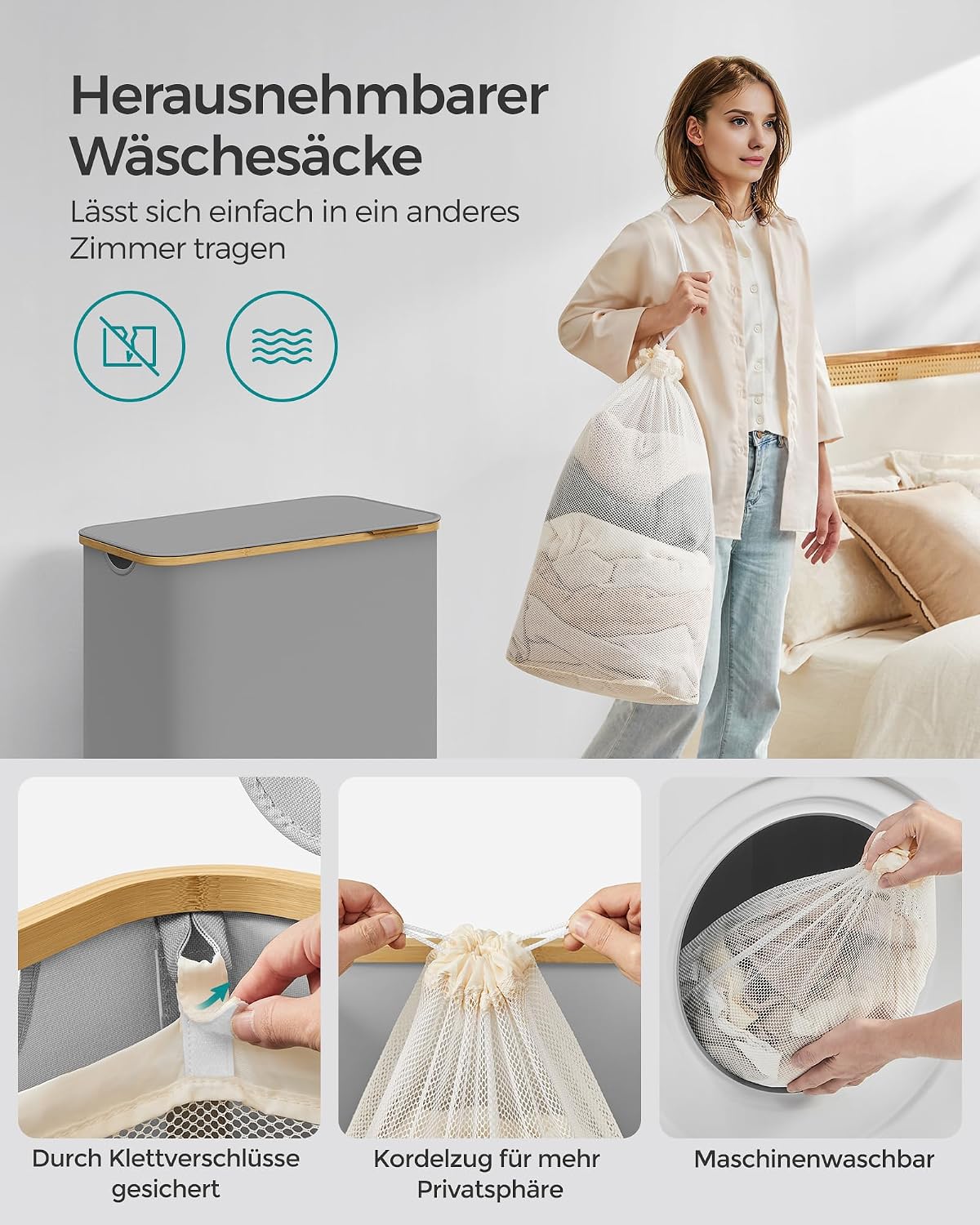 Detalle 1 de SONGMICS Wäschekorb 3 Fächer mit Deckel 150 L
