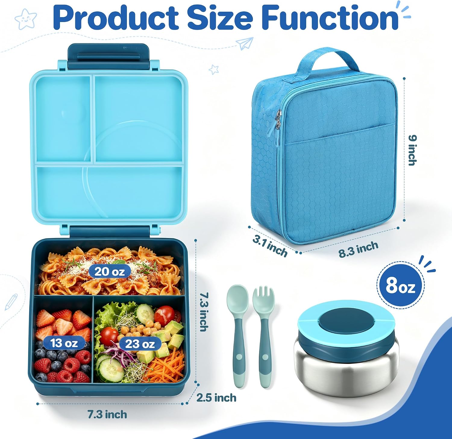 Thumbnail 4 de Kids Bento Lunch Box Set with 8oz Soup Thermo, Leak-Proof 4-Compartment Containers & Insulated Lunch Bag (Blue)