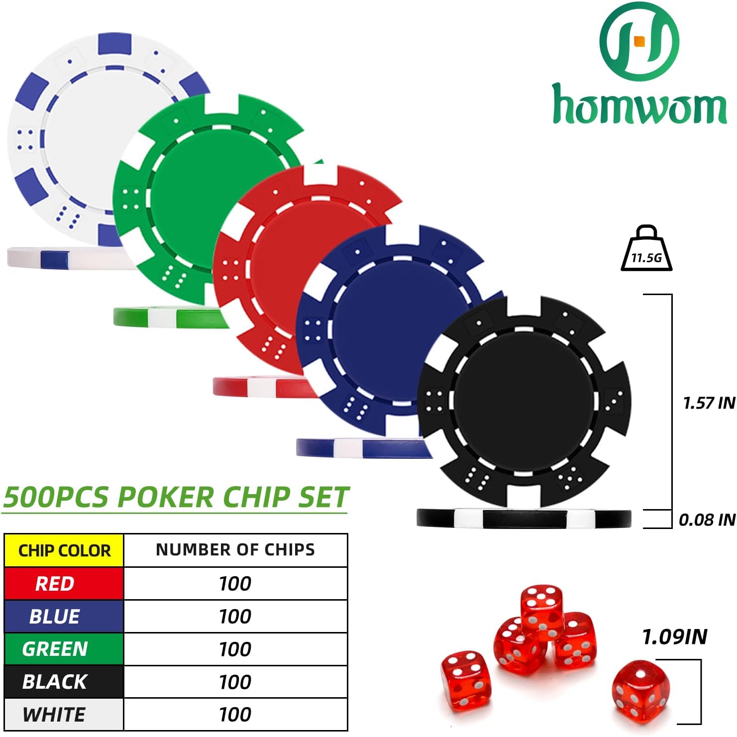 Detalle de Homwom 500-Piece Poker Chip Set with Aluminum Case (Texas Holdem & Blackjack)