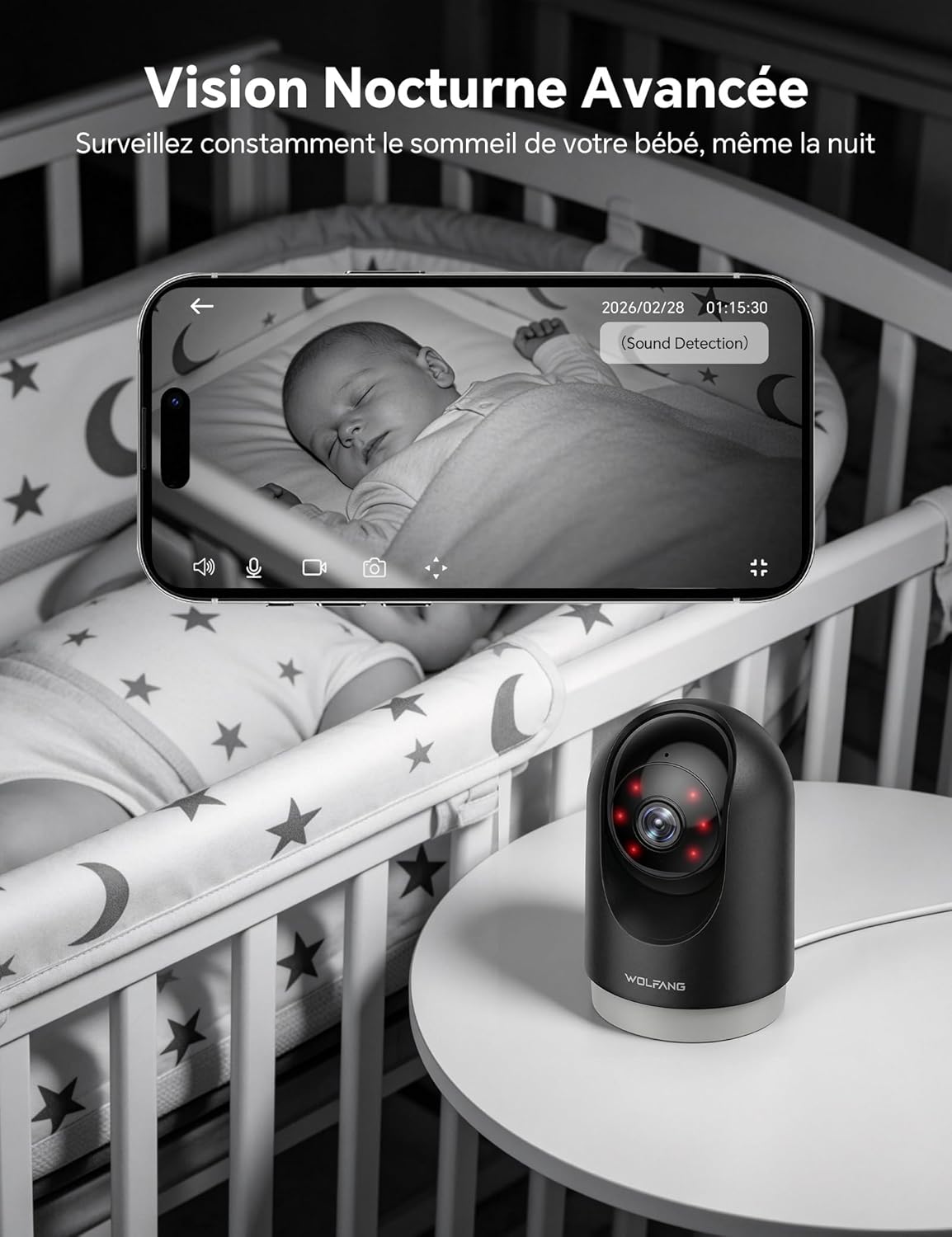 Detalle 2 de WOLFANG Camera Interieur 2K WiFi – Lot de 2, PTZ 360° avec Suivi Automatique et Audio Bidirectionnel