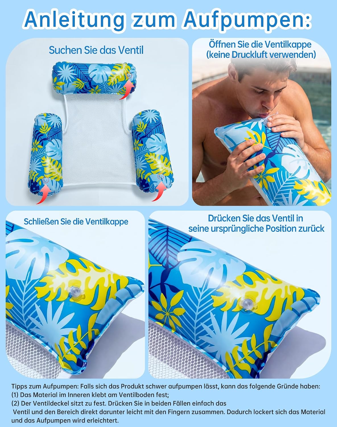 Detalle de Wincany Luftmatratze Pool – 4-in-1 Kippsicheres 3-Röhren-Design, 116 × 94 cm, max. 100 kg