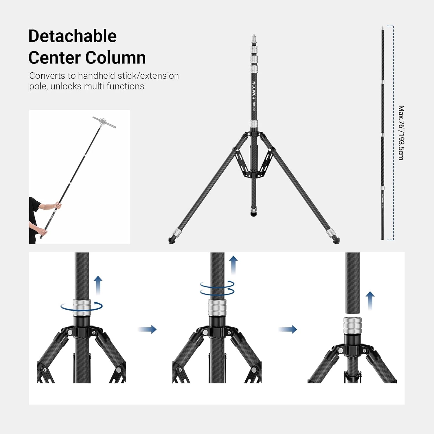 Detalle de NEEWER ST260C Carbon Fibre Tripod Stand with Reversible Legs (35"–102", 3 kg Load)