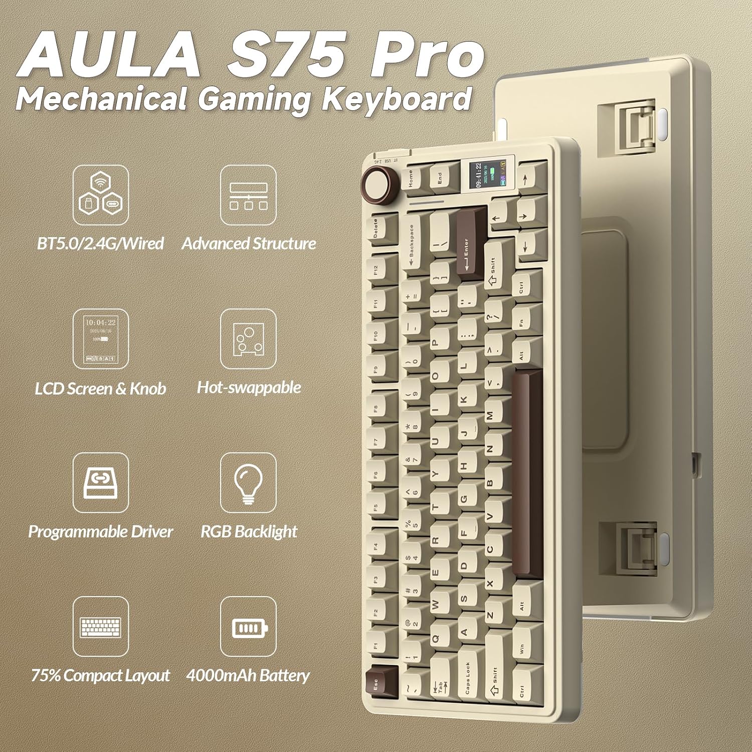 Thumbnail 1 de AULA S75 Pro Gaming Tastatur (75 %) – kabellos per Bluetooth 5.0 & 2,4G, mit Display, Hot Swap und RGB (Milchkaffee)