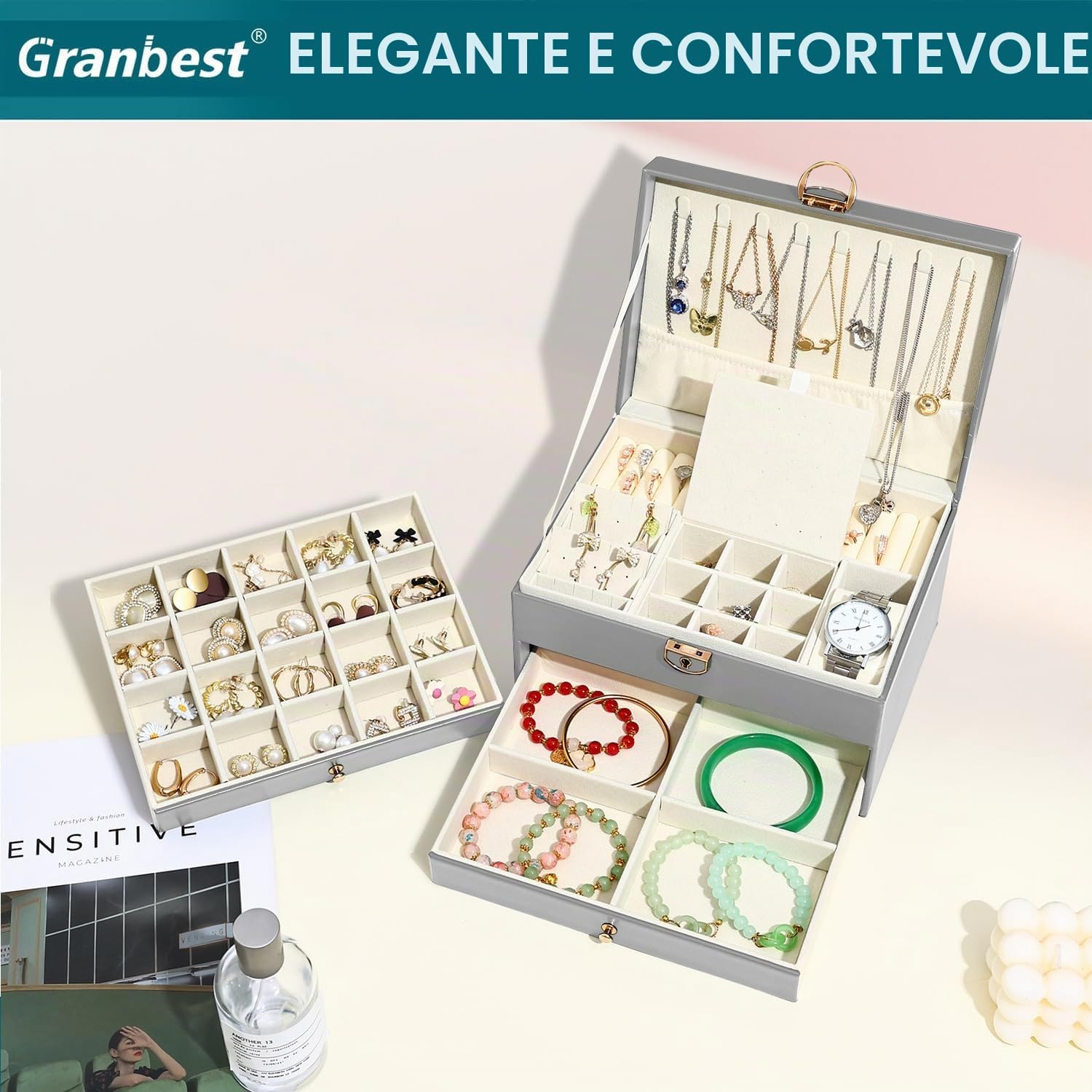 Detalle de Granbest Portagioie a 3 strati con 2 cassetti – Porta gioielli in pelle grigio