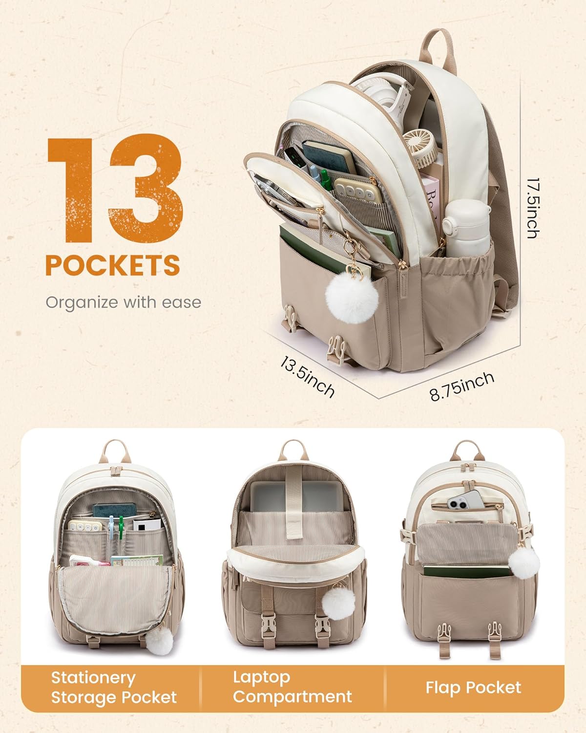 Detalle de LOVEVOOK Schulrucksack für Mädchen 10–18 Jahre mit großem Flaschenfach und Laptopfach (15,6 Zoll) – Khaki Beige