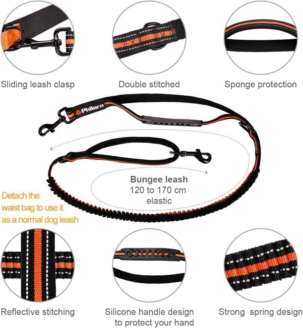 Detalle de Philorn Hands Free Dog Lead with Phone Pouch: Extendable 47"–67", Dual Handle, Reflective & Waist Pack