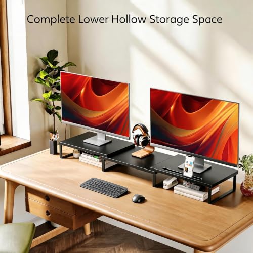 Detalle 2 de DOMSHOCT Dual Monitor Stand Riser with Open Bottom Storage – 75kg Capacity, Adjustable Length and Angle, Black