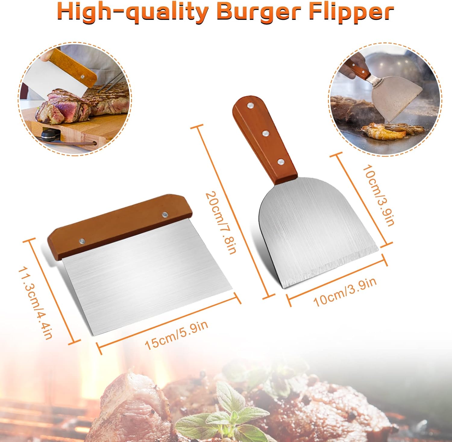 Detalle de MAIKEHIGH lot d’accessoires pour plancha 8 pièces en inox (spatules, tourne-hamburger, pinces, bouteilles et brosse)