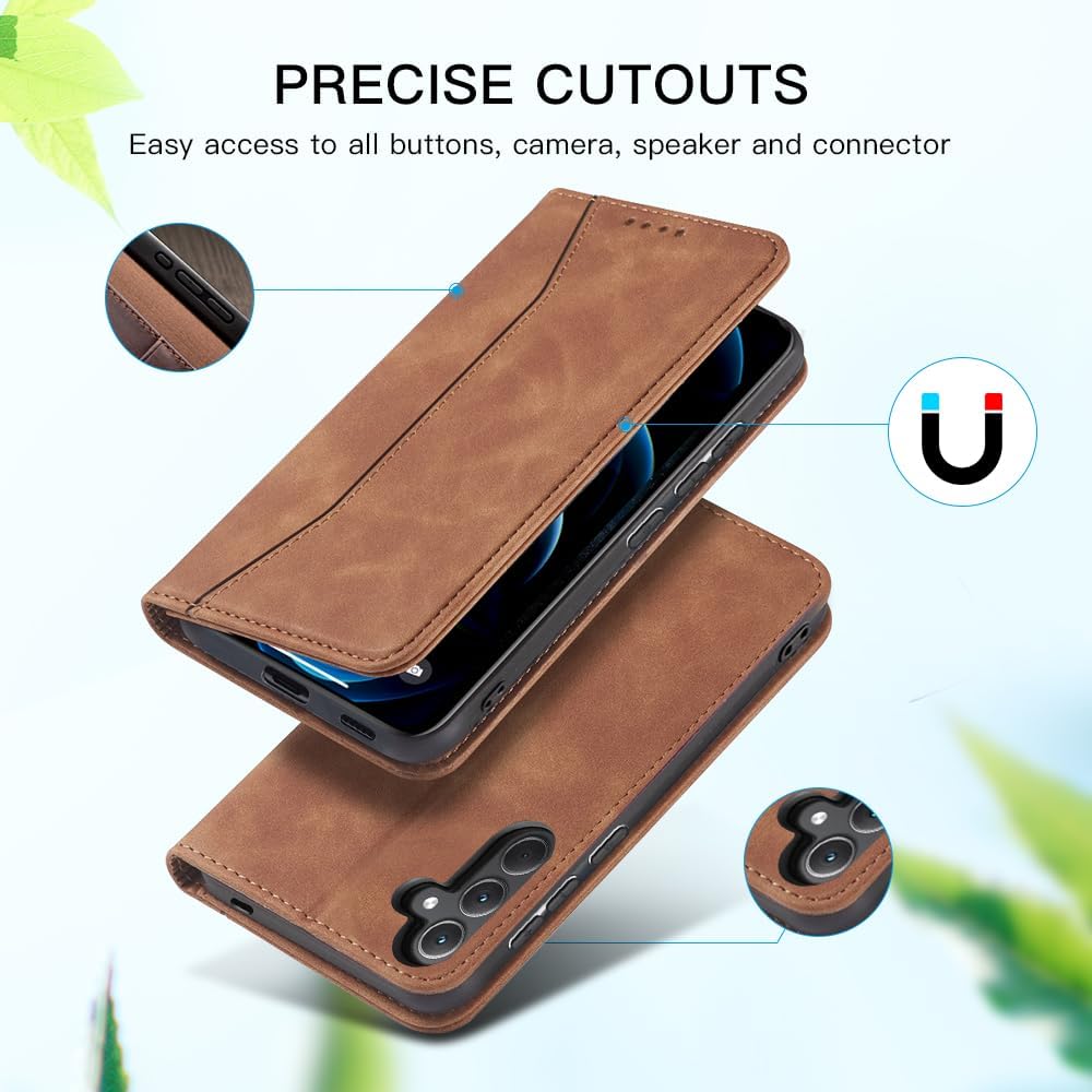 Detalle 2 de Leaisan Leder-Flip-Hülle für Samsung Galaxy S24 FE 5G – Braun mit Kartenfächern, Standfunktion und Stossfestem Schutz
