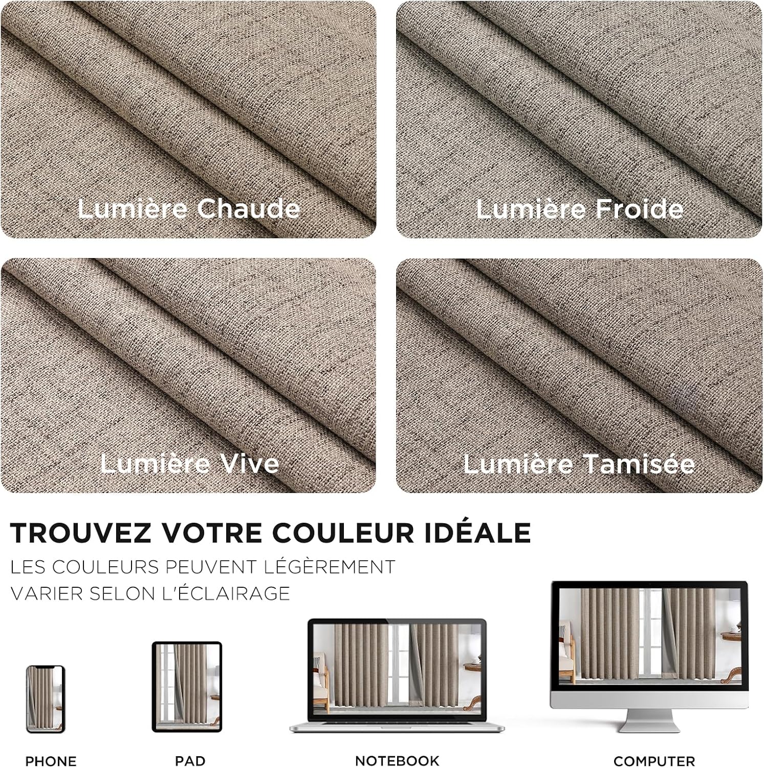 Detalle 2 de Joydeco rideaux occultants en « lin » 140x200 cm (2 pièces) anti-UV et isolants