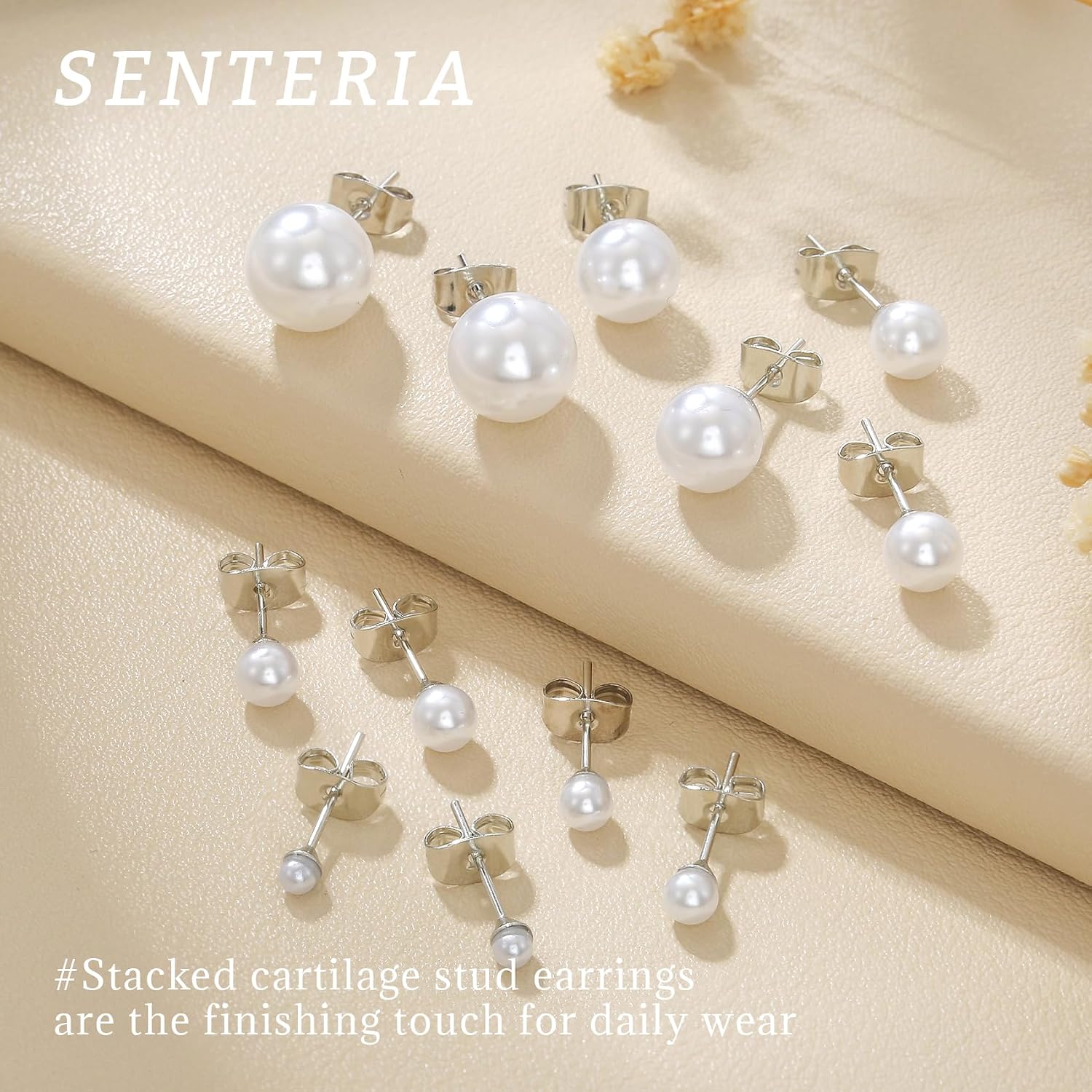 Detalle de Senteria 6 Pairs Pearl Stud Earrings for Women – Hypoallergenic 3/4/5/6/8/10mm Sterling Silver
