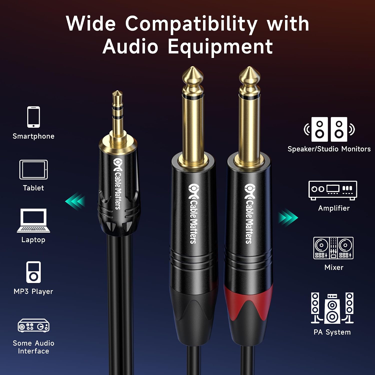 Thumbnail 4 de Cable Matters 3.5mm TRS－デュアル6.35mm TSオーディオ分岐ケーブル 10フィート