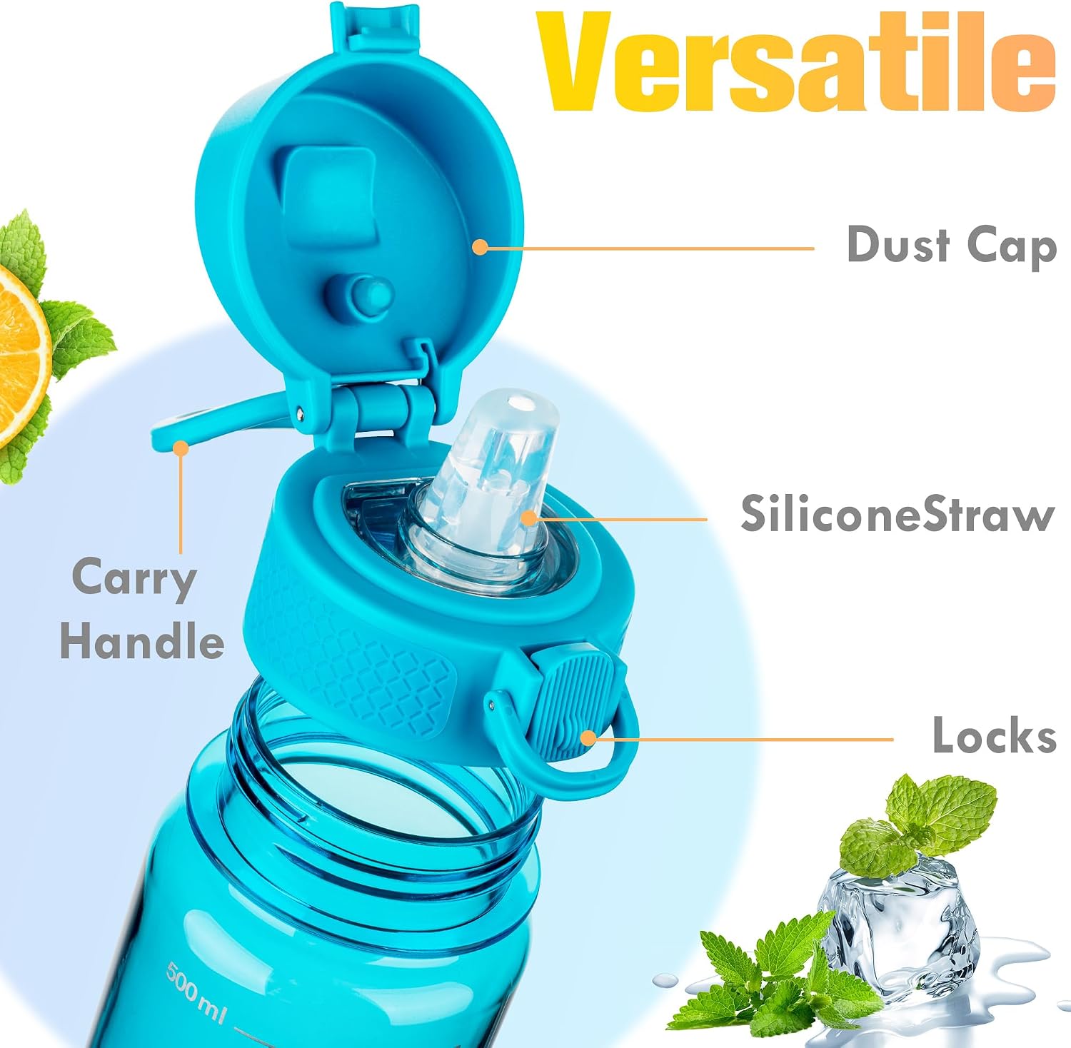 Detalle 2 de GOPPUS 500ml Clear Tritan Straw Water Bottle with Flip-Top Lid and Carry Handle
