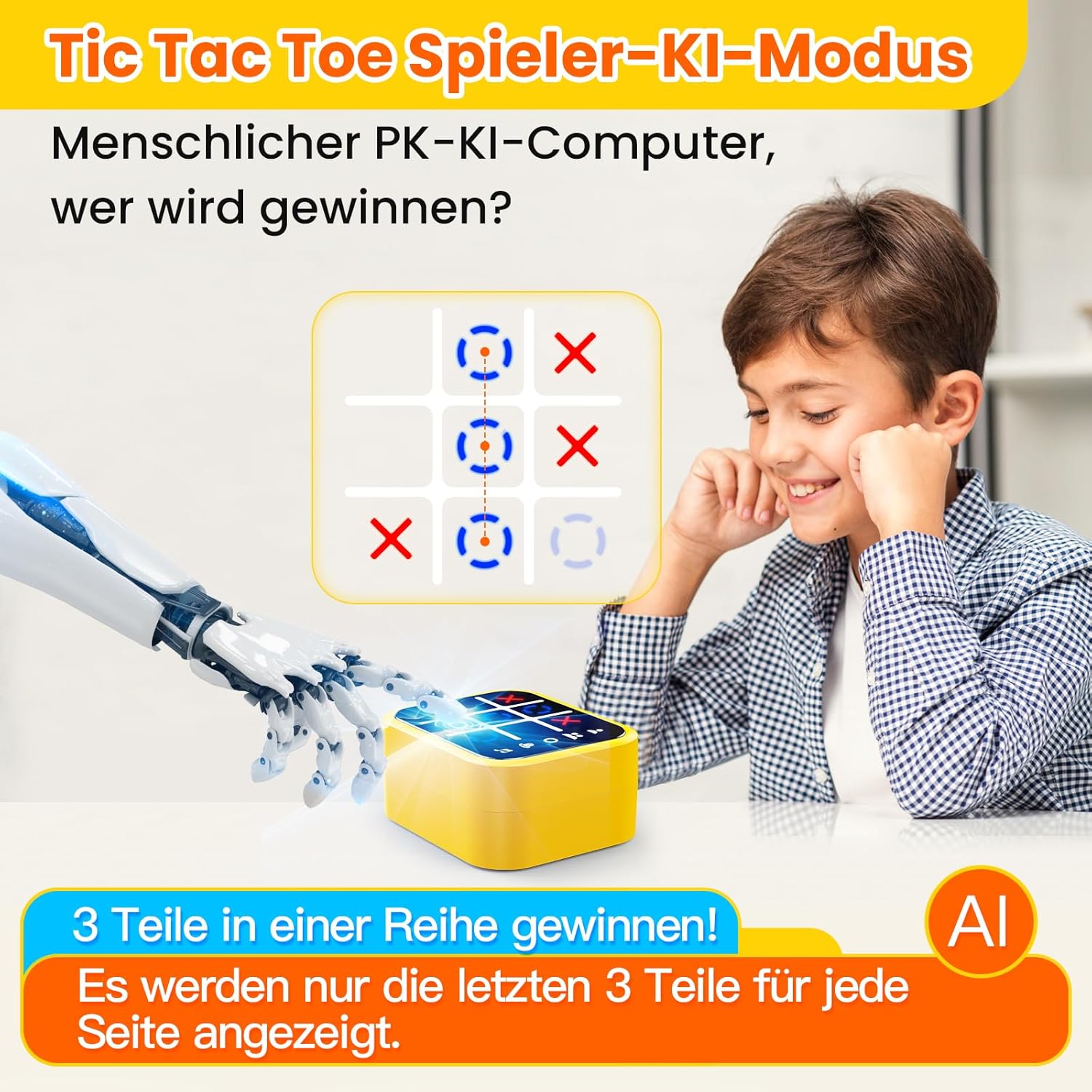 Detalle de Anoawens Wiederaufladbare Tic-Tac-Toe Spielbox (5-in-1) – Handheld Puzzle-Konsole für unterwegs, ab 3 Jahren, gelb