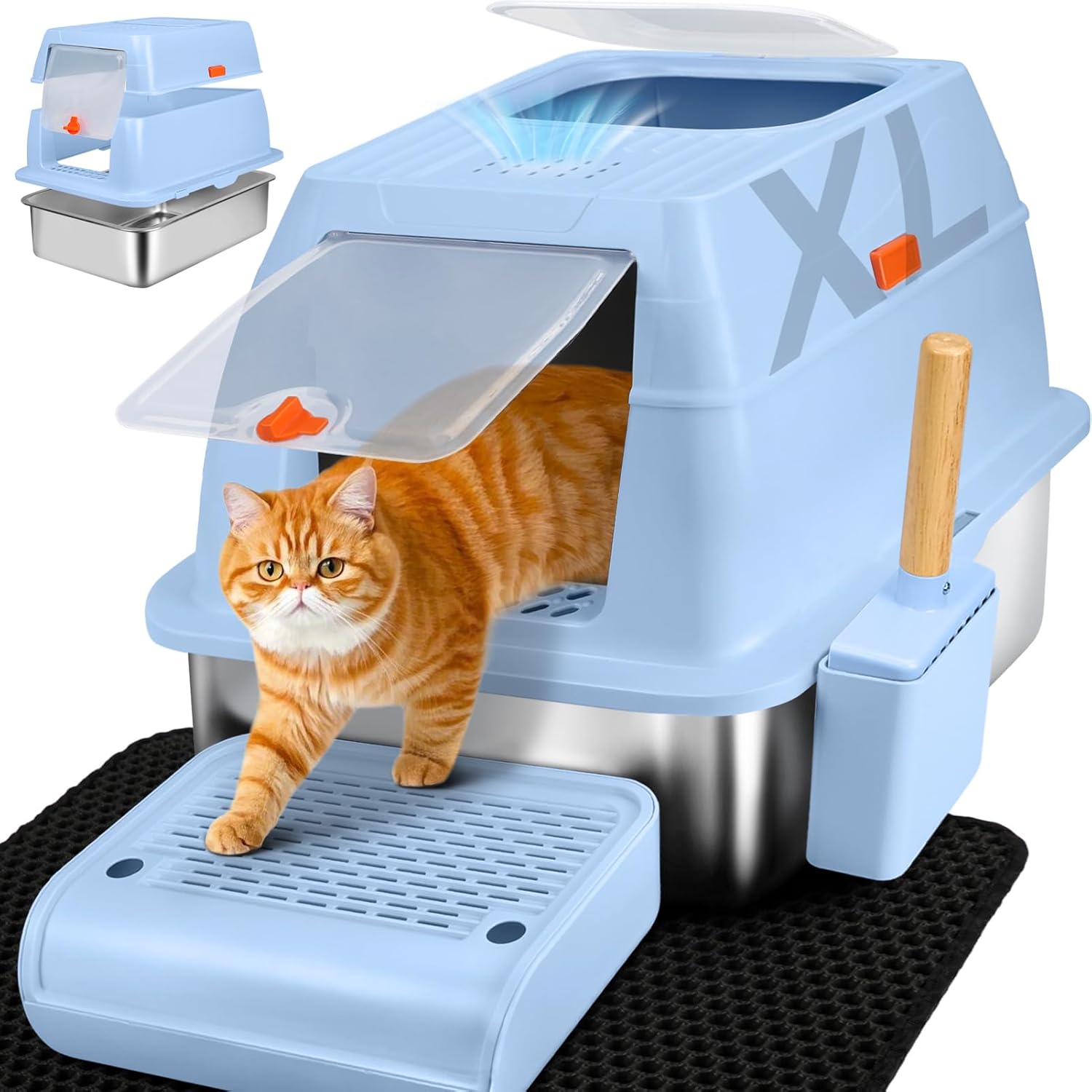 Detalle de SZEETECH Katzenklo Edelstahl XL (60 x 40 x 39,5 cm) mit Deckel, zwei Ausgänge und Set aus Schaufel + Matte + Trittstufe (blau)