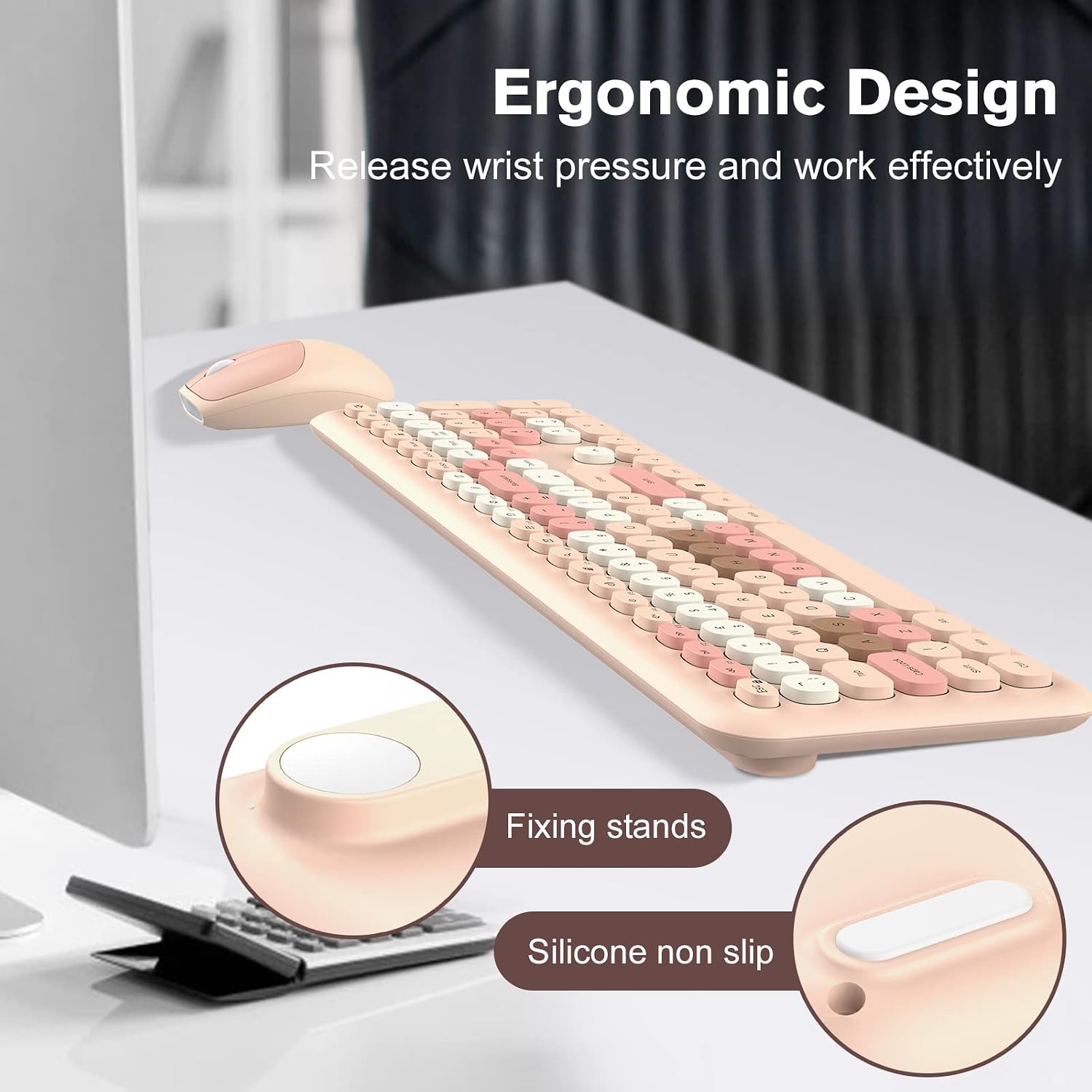 Detalle de PINKCAT Wireless Keyboard Mouse Combo – Full Size UK QWERTY Ergonomic Set (Milk Tea Pink)