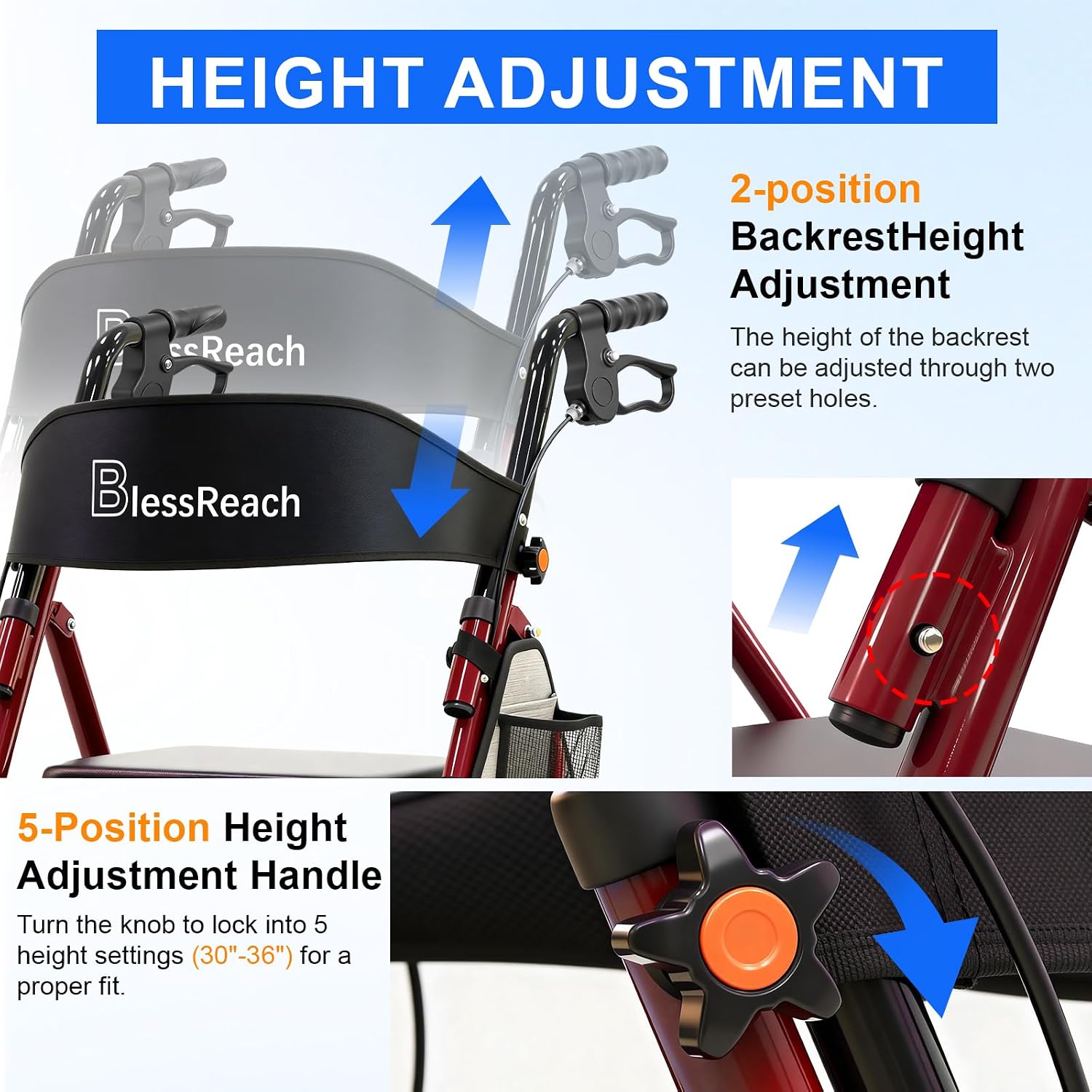 Detalle de BlessReach WB-2411 Rollator Walker with Seat, Red, 300 lb Capacity