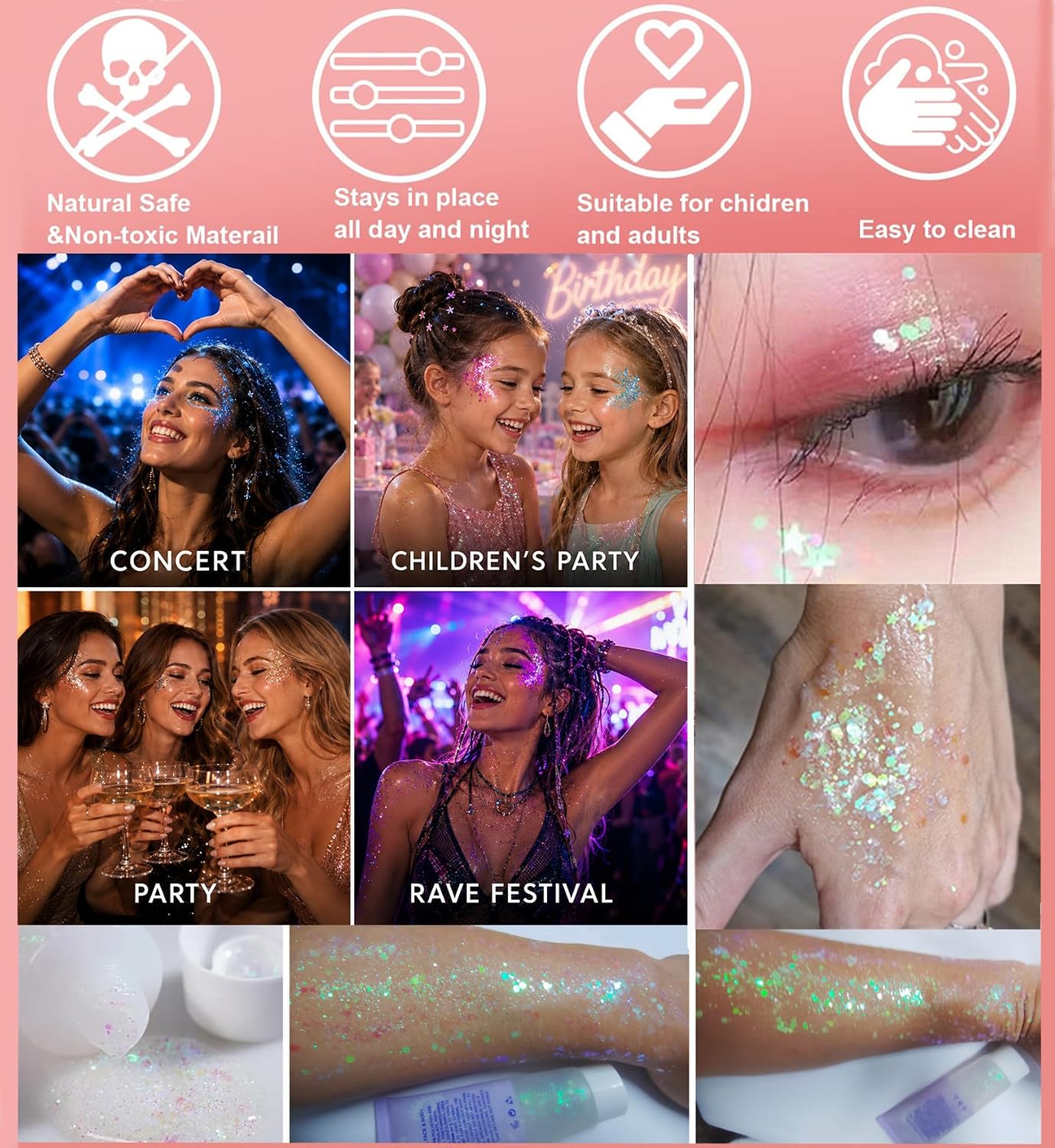 Detalle de Go Ho Clear White Face & Body Glitter Gel (Holographic Chunky Sequins) for Party, Rave, and Halloween Makeup