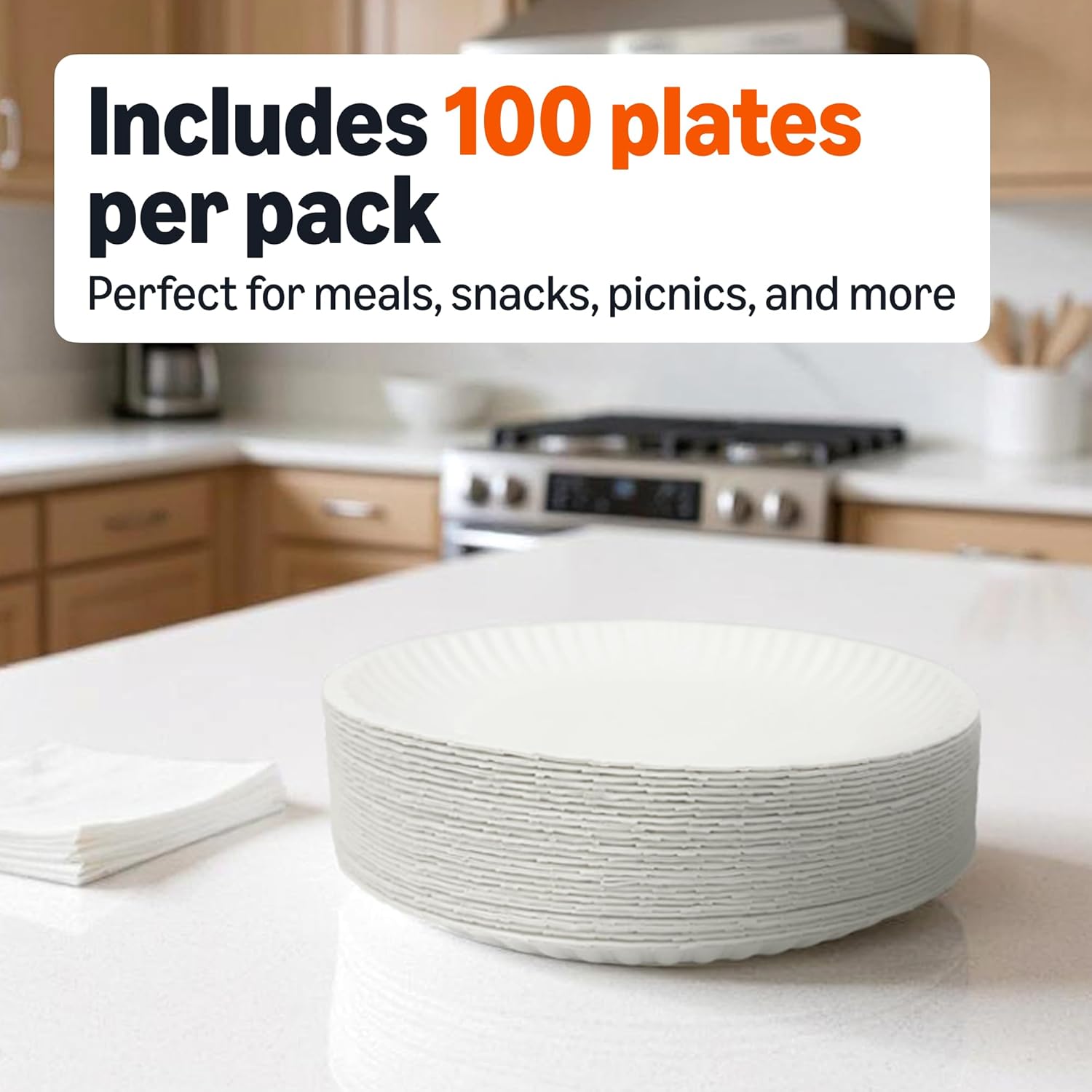 Detalle de Amazon Basics 9" Uncoated White Paper Plates — 100 Count