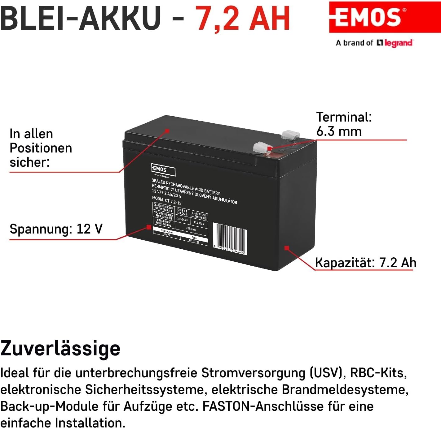 Thumbnail 1 de EMOS Wartungsfreier Bleiakku 12V 7,2Ah AGM – Ideal für USV- und Alarmsysteme