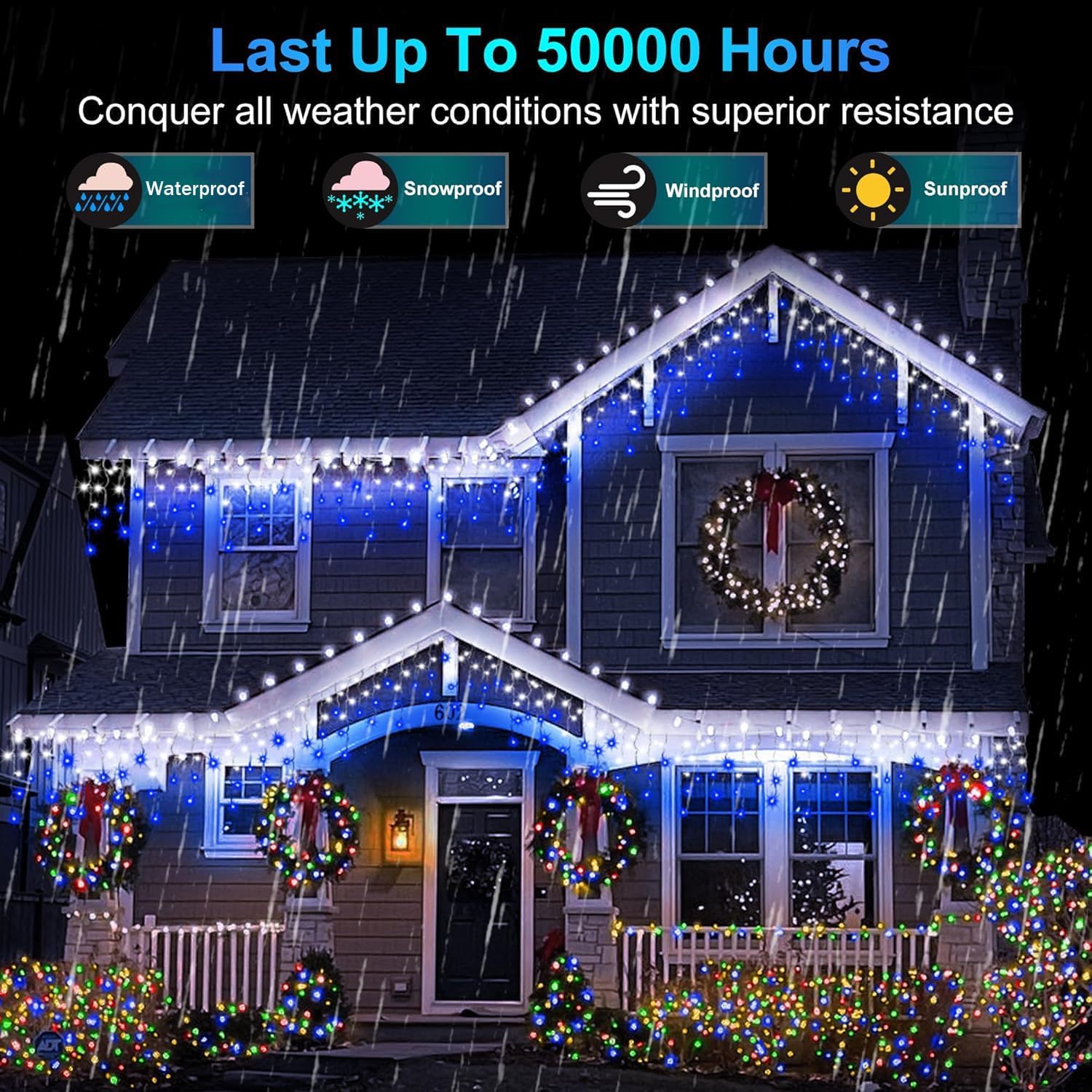 Detalle 2 de BPAZVUH UNI-612L LED Icicle Lights, 60 ft, 612 Blue and Cool White LEDs