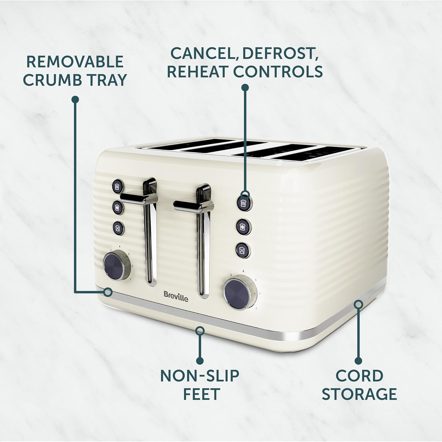 Detalle de Breville Zen 4 Slice Toaster with High Lift & Wide Slots (Cream & Silver Chrome) – VTR028