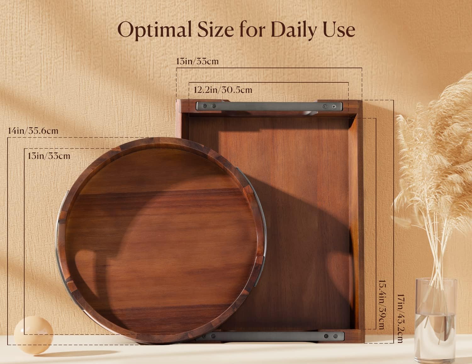 Detalle de Dofira Acacia Wood Serving Tray with Metal Handles (17x13in)