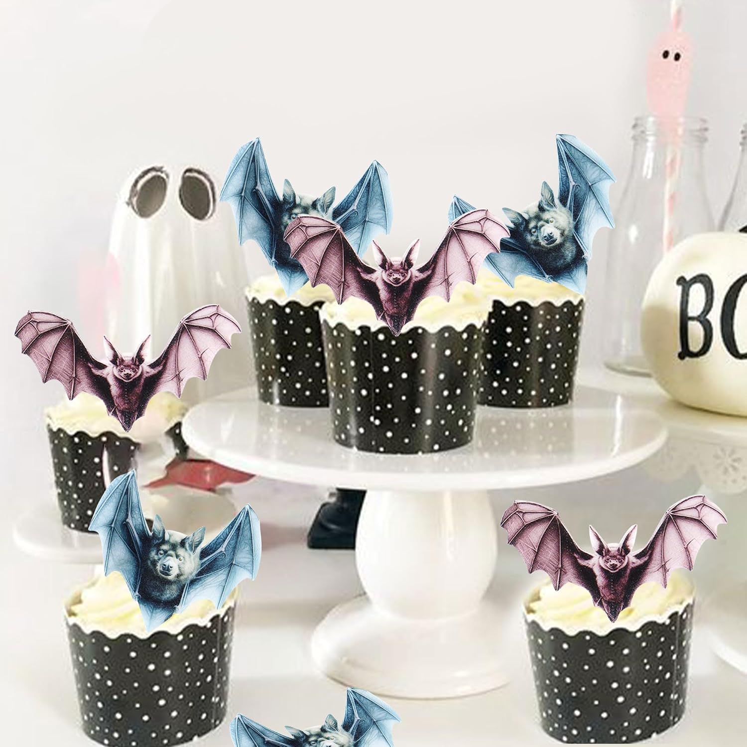 Detalle 2 de Ercadio Edible Halloween Bat Toppers, 40-Piece Purple Wafer Paper Set