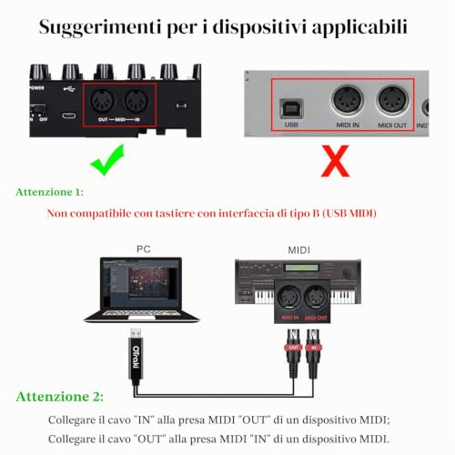 Detalle 2 de OTraki Cavo MIDI 5-Pin DIN a USB Interfaccia Converter 1 In 1 Out – Controllo MIDI affidabile per tastiere, batterie elettroniche e studi musicali